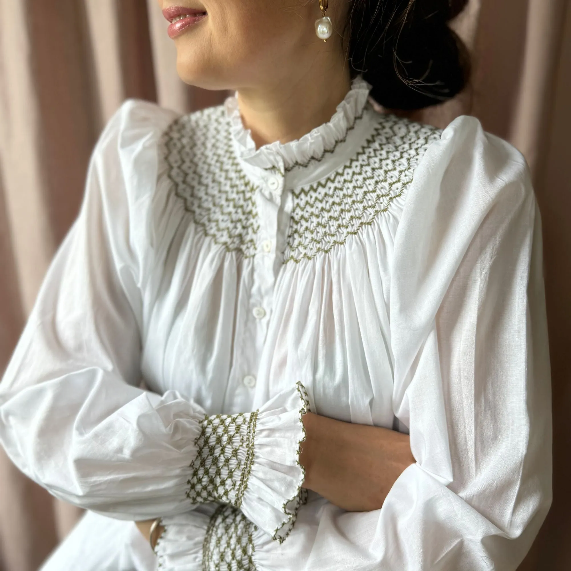 Small Scholl Women's Blouse White with Moss Hand Smocking sold by Smock London product image thumbnail 4