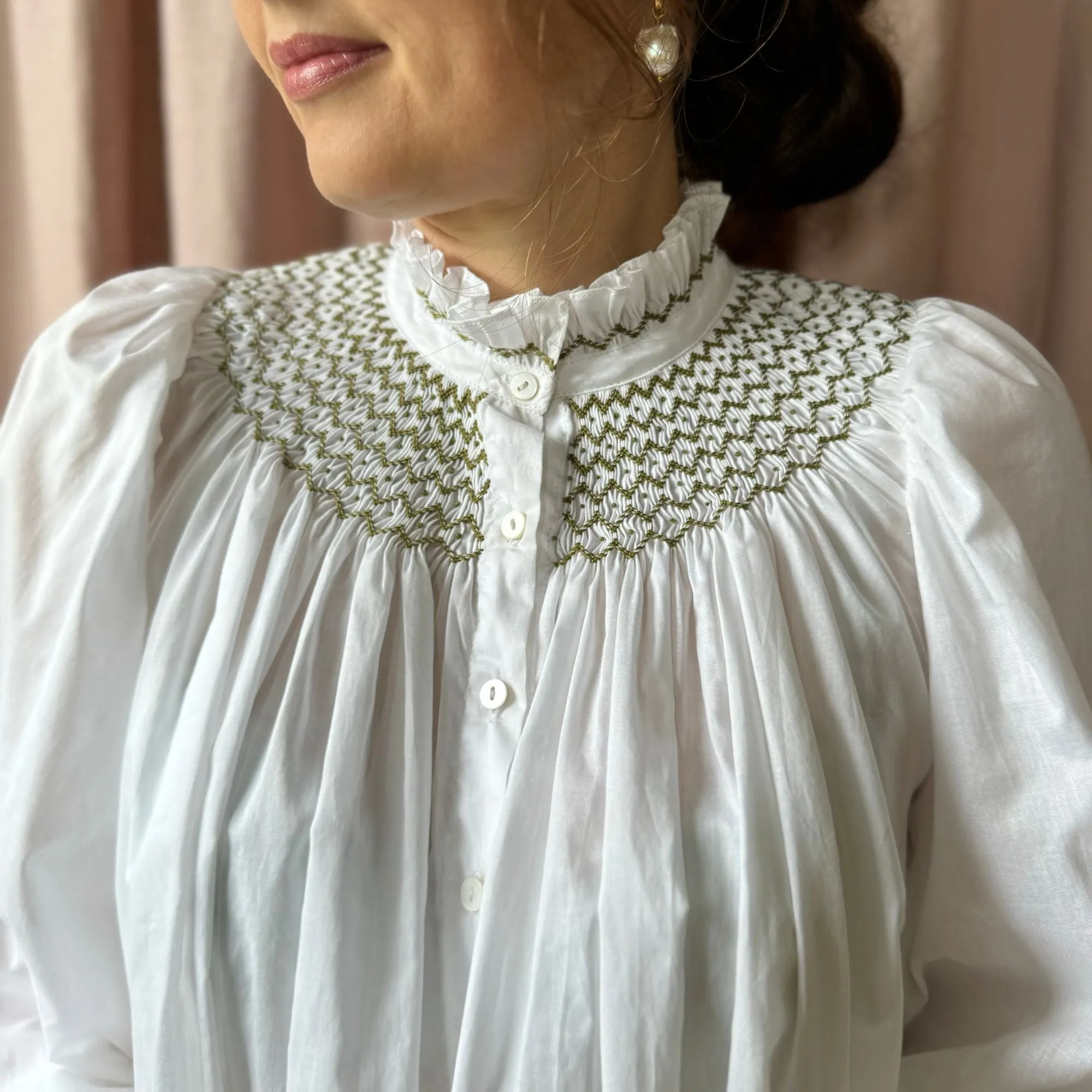 Small Scholl Women's Blouse White with Moss Hand Smocking sold by Smock London product image thumbnail 2