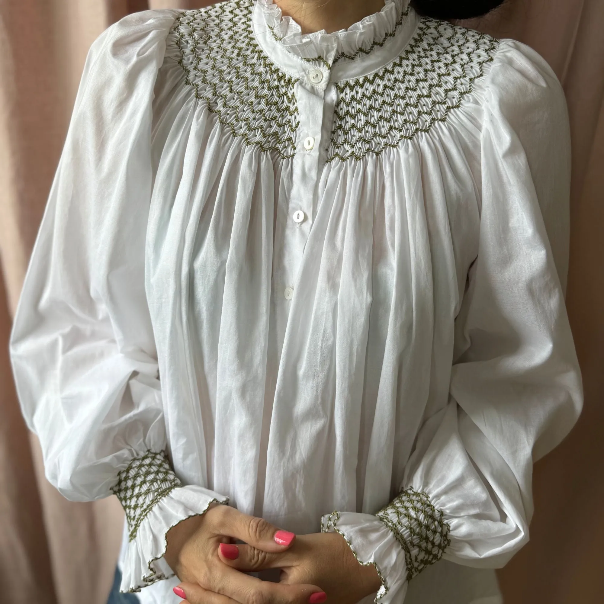 Small Scholl Women's Blouse White with Moss Hand Smocking sold by Smock London product image thumbnail 5