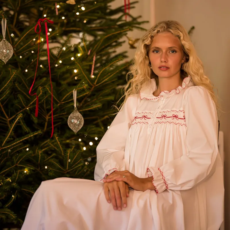 Nightingale Women's Dress Moonstone with Scarlet Bows Hand Smocking sold by Smock London