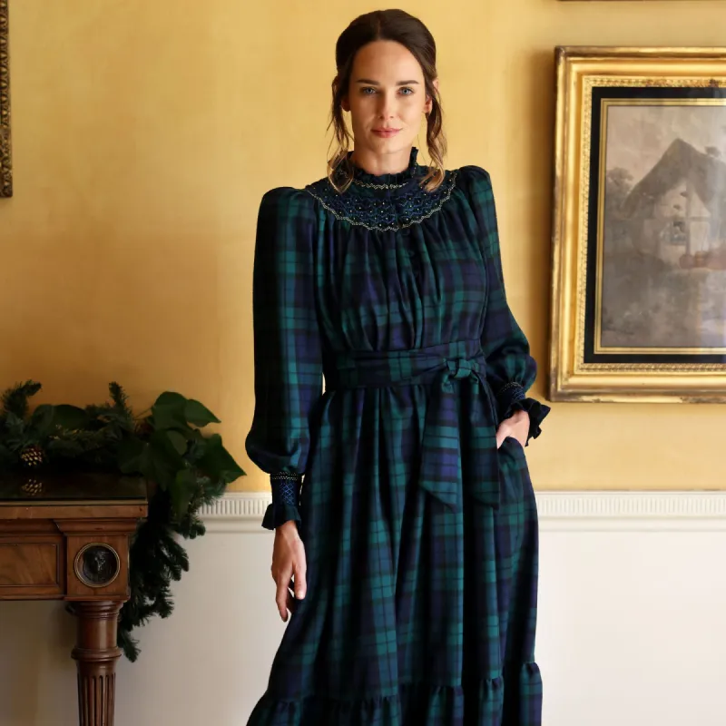 Colette Women's Dress Black Watch Tartan with Royal Blue Hand Smocking sold by Smock London