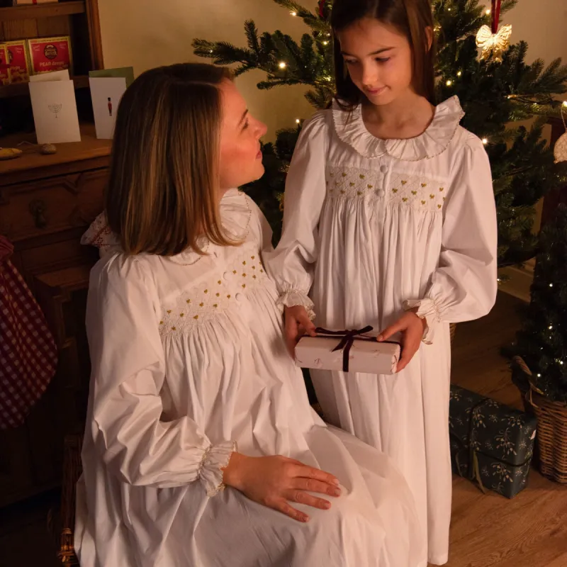 Memo Press x Smock London Women's Nightingale Dress Moonstone with Gold Bows Hand Smocking sold by Smock London