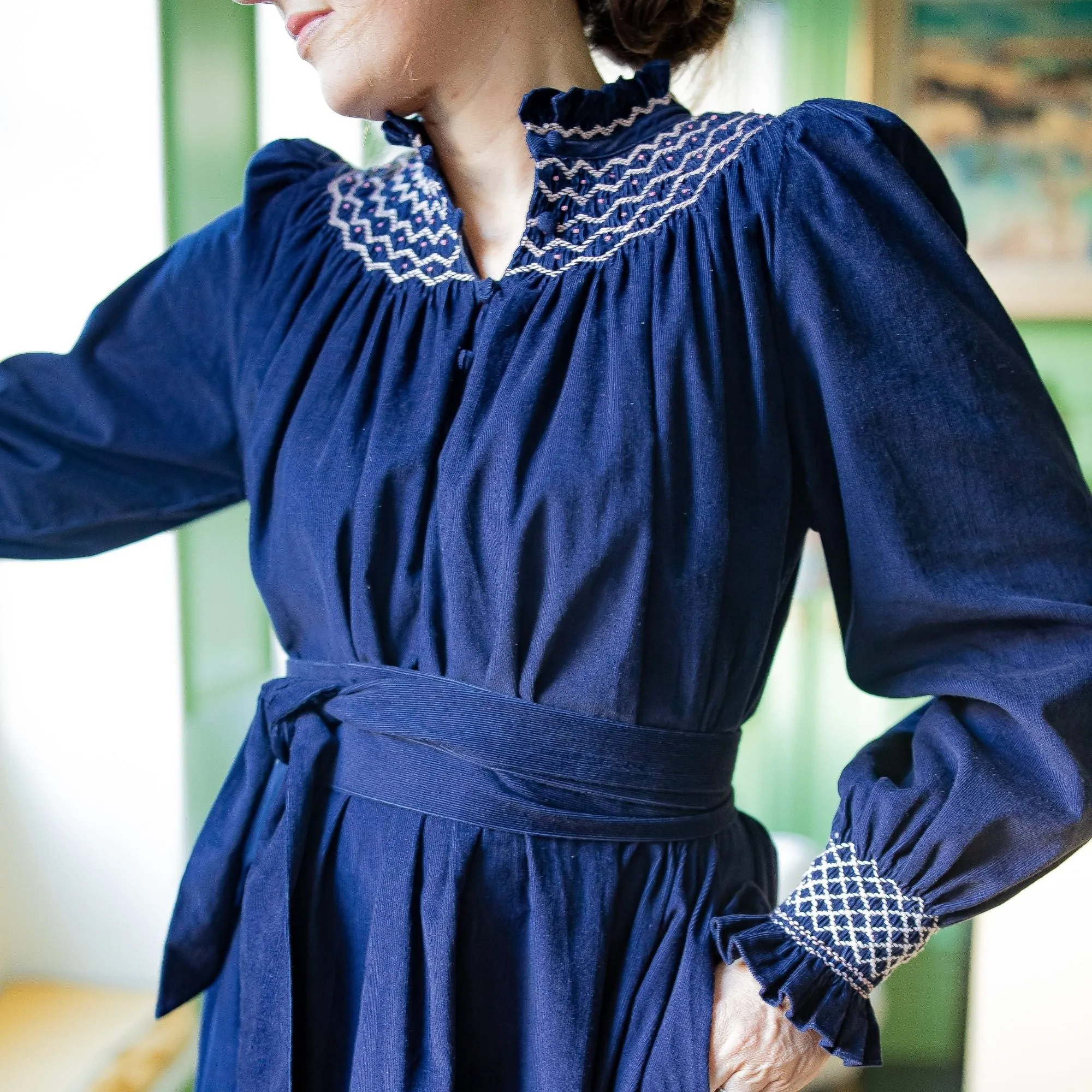 S/M Colette Women's Dress Swallowtail Needlecord with Hedgerow Hand Smocking sold by Smock London