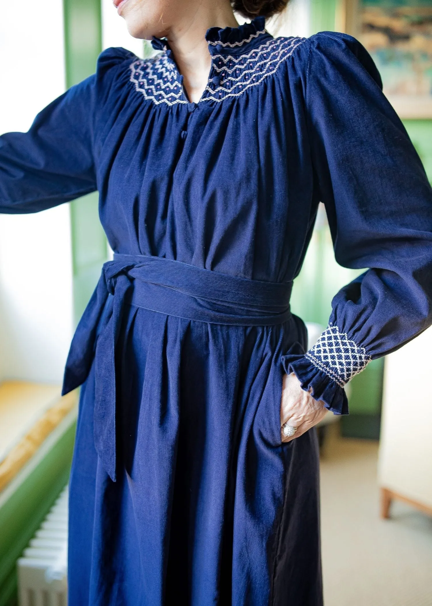 S/M Colette Women's Dress Swallowtail Needlecord with Hedgerow Hand Smocking sold by Smock London product image thumbnail 4