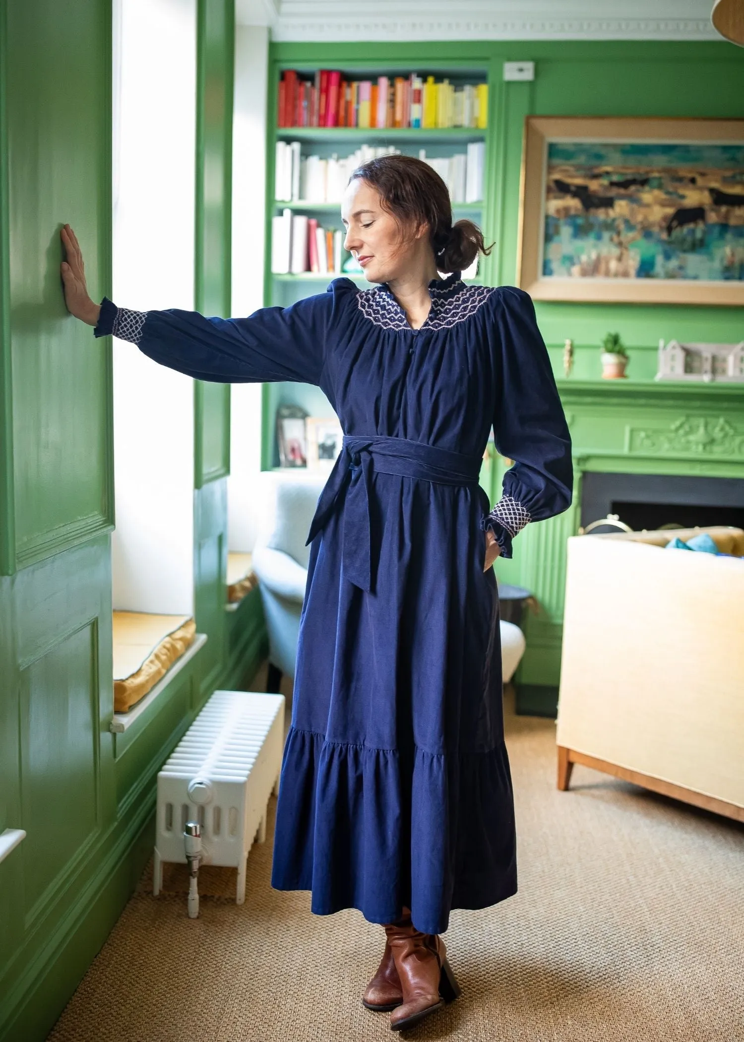 S/M Colette Women's Dress Swallowtail Needlecord with Hedgerow Hand Smocking sold by Smock London product image thumbnail 3