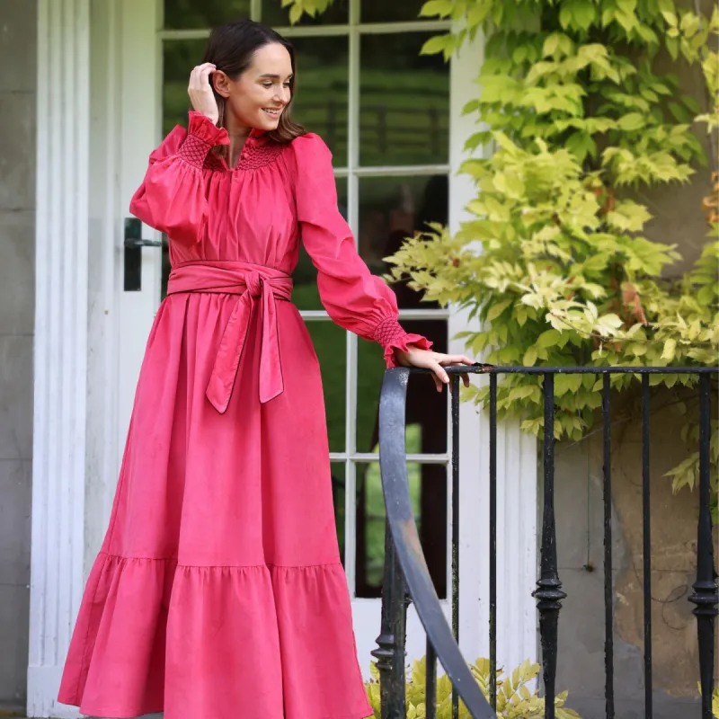 Colette Women's Dress Very Berry Needlecord with Mulberry Hand Smocking sold by Smock London