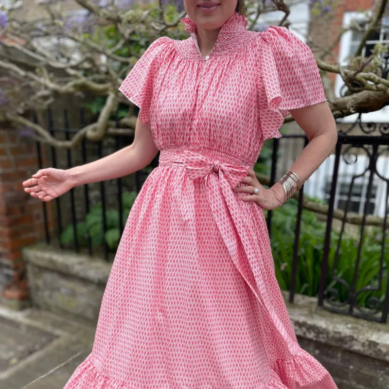 S/M Daily Dress Edit x Smock London Colette Dress Scarlet Trellis with Pearl Queen Hand Smocking sold by Smock London