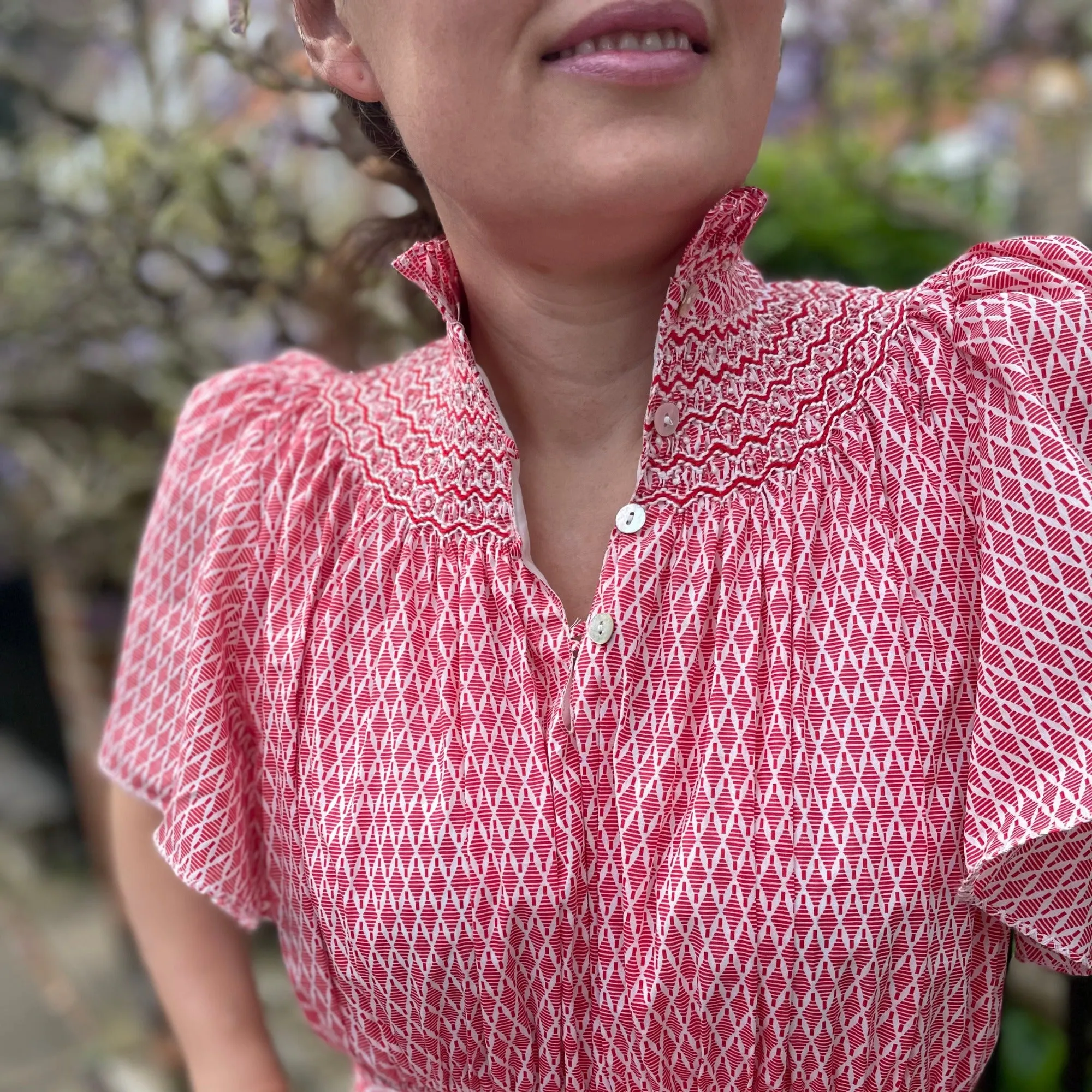 S/M Daily Dress Edit x Smock London Colette Dress Scarlet Trellis with Pearl Queen Hand Smocking sold by Smock London product image thumbnail 2