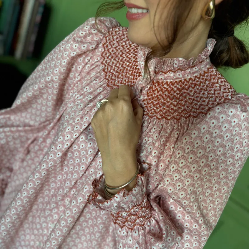 Scholl Blouse Russet Droplet Cotton with Butterscotch Hand Smocking Edition 36 sold by Smock London