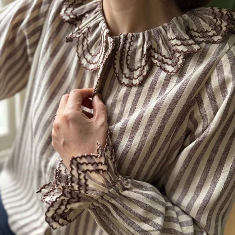 Bronte Blouse Chocolate Stripes with Cacao Embroidery sold by Smock London