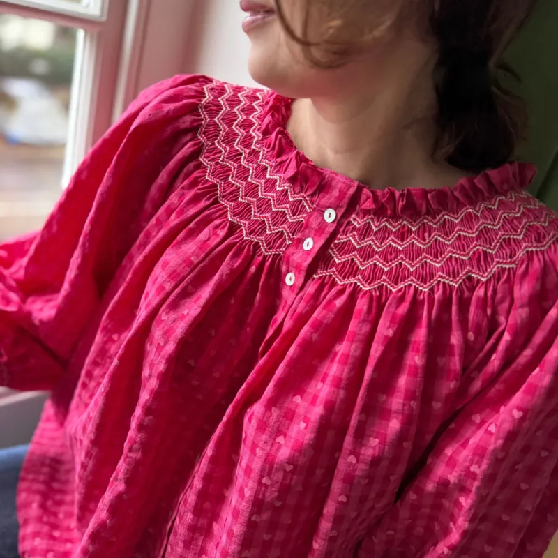 Cleopatra Blouse Loveheart Gingham with Peppermint Swirl Hand Smocking Edition 16 sold by Smock London