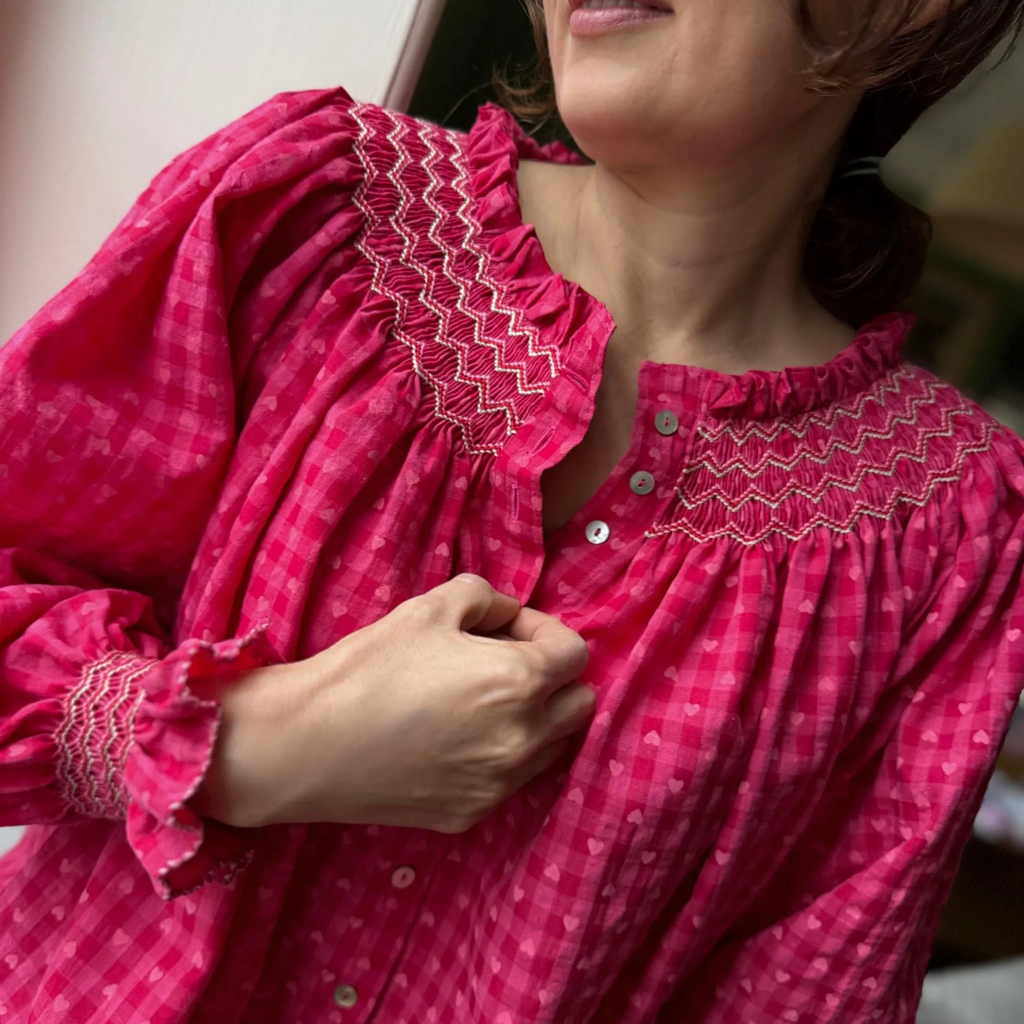 Cleopatra Blouse Loveheart Gingham with Peppermint Swirl Hand Smocking Edition 16 sold by Smock London product image thumbnail 2