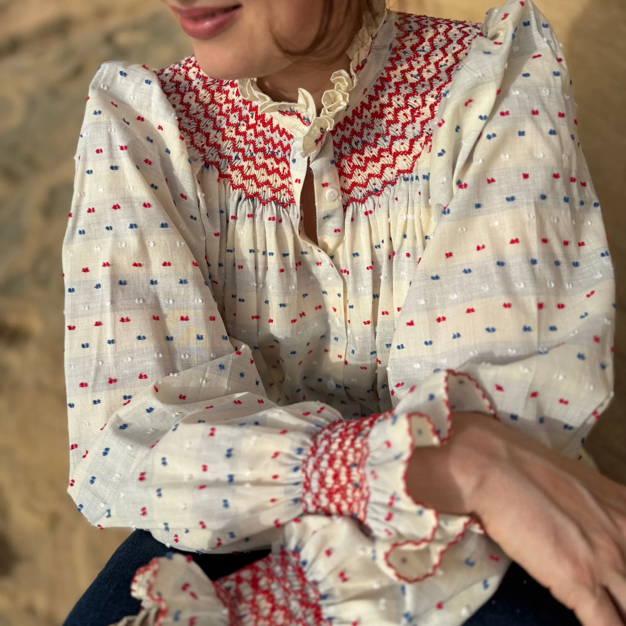 Medium Scholl Women's Blouse Tricolour Plumetti with Rouge Royale Hand Smocking Edition 23 sold by Smock London product image thumbnail 3