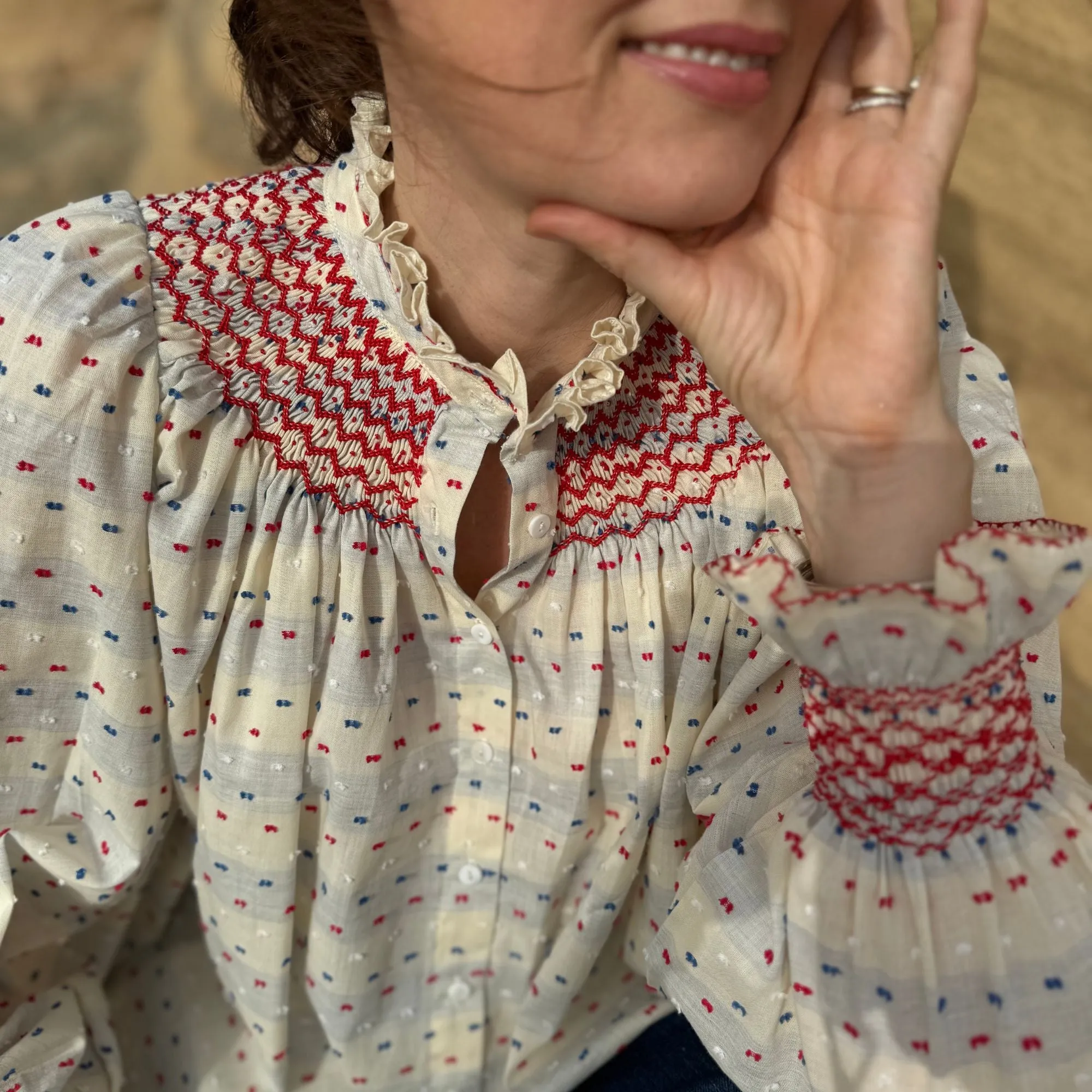 Medium Scholl Women's Blouse Tricolour Plumetti with Rouge Royale Hand Smocking Edition 23 sold by Smock London product image thumbnail 4