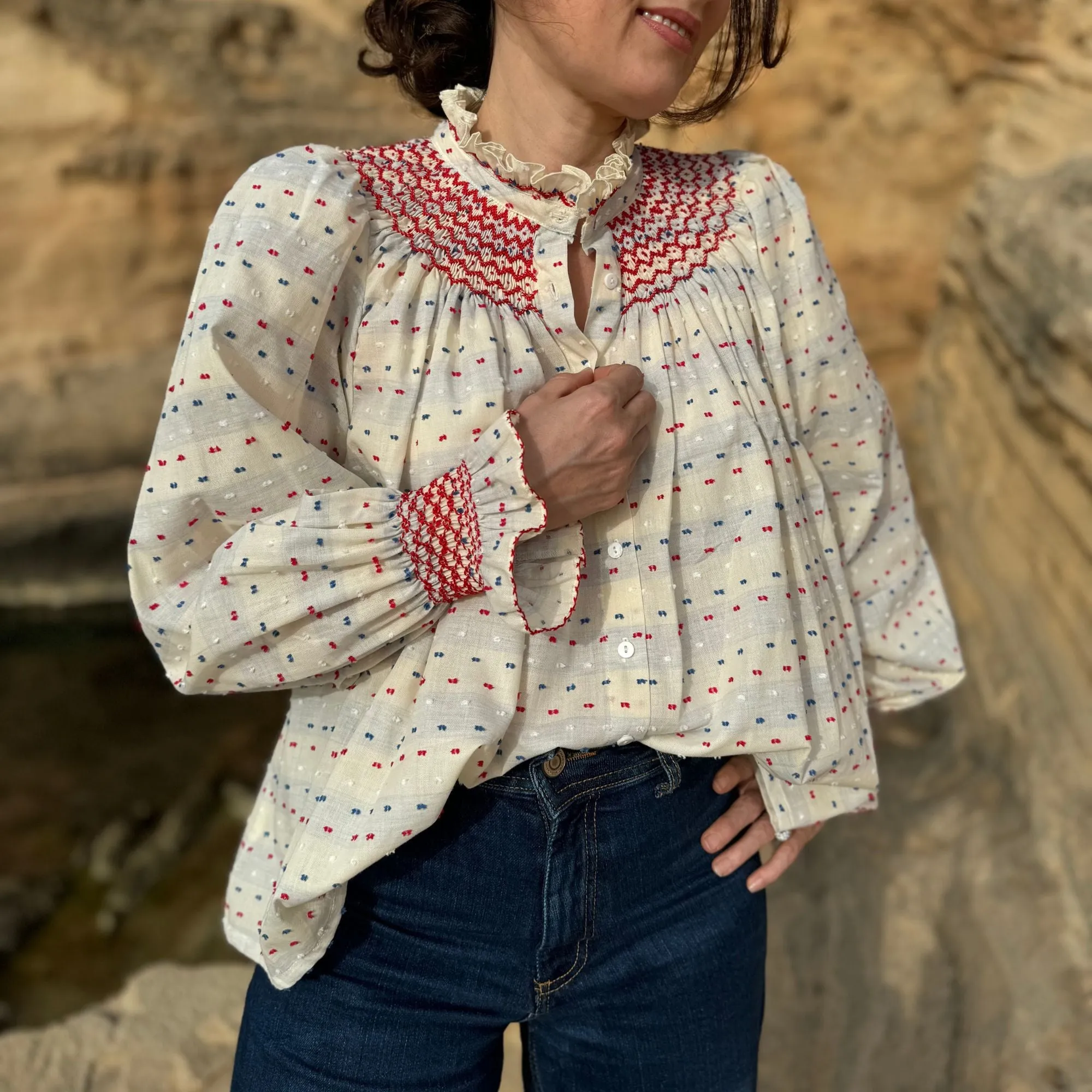 Medium Scholl Women's Blouse Tricolour Plumetti with Rouge Royale Hand Smocking Edition 23 sold by Smock London product image thumbnail 5