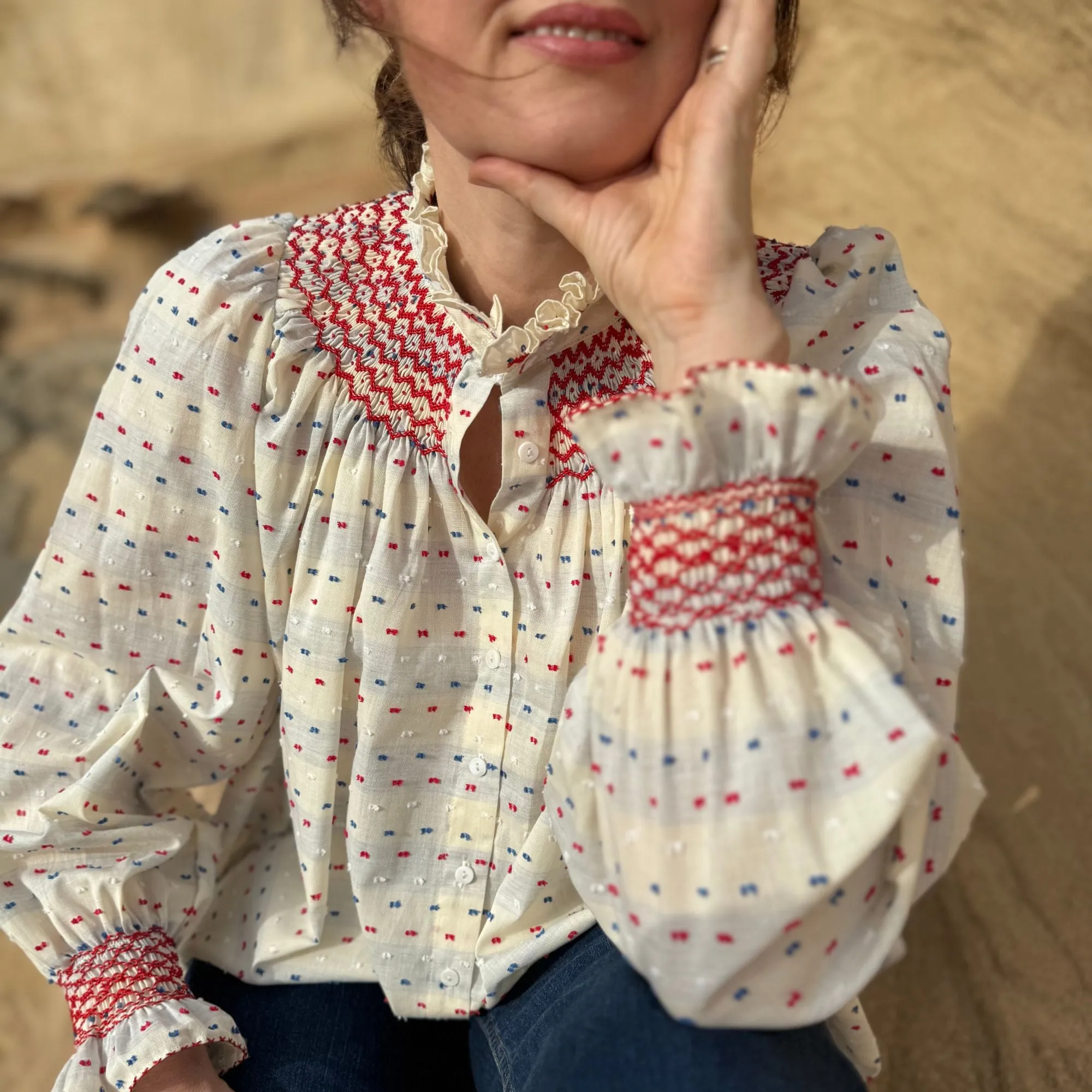 Medium Scholl Women's Blouse Tricolour Plumetti with Rouge Royale Hand Smocking Edition 23 sold by Smock London product image thumbnail 2