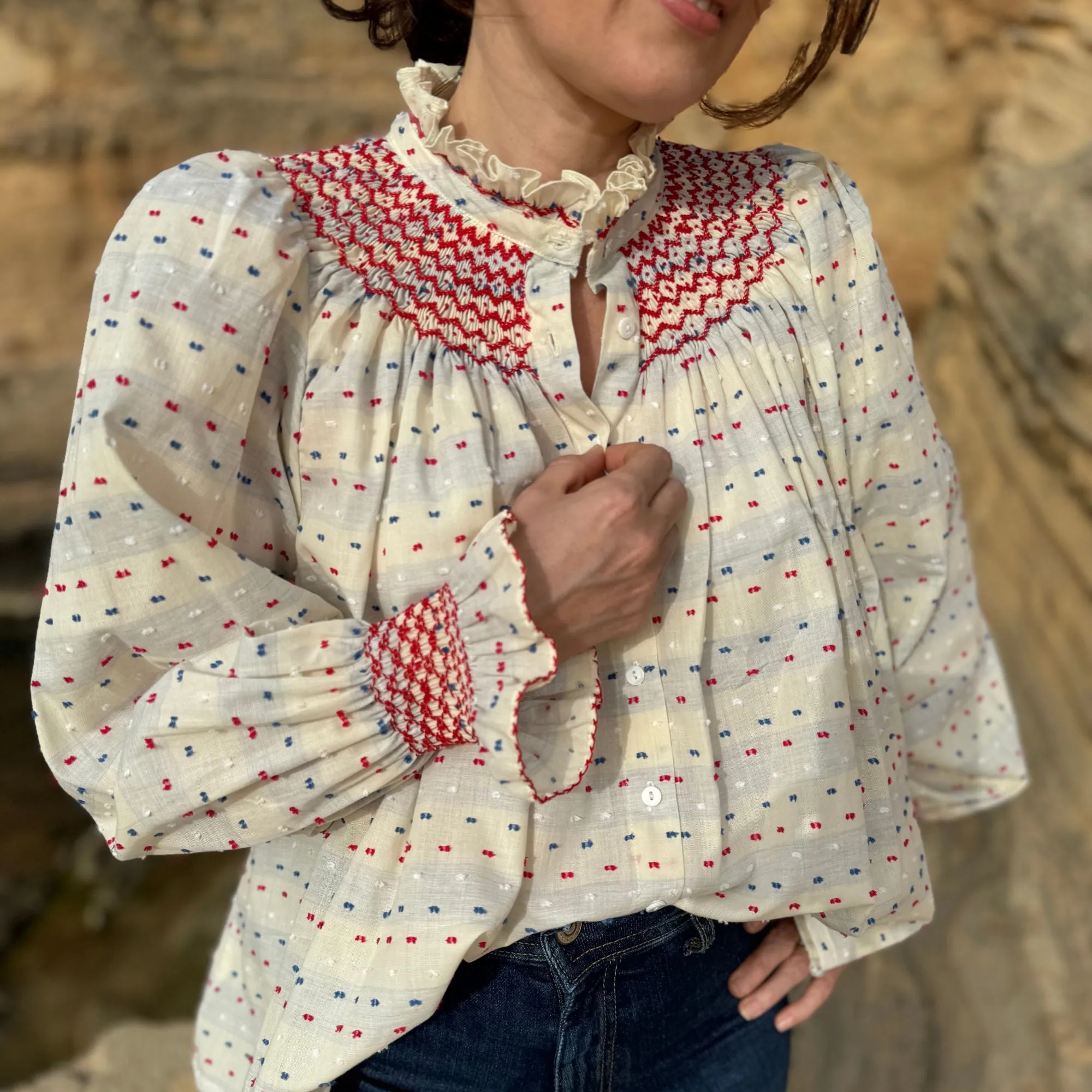 Medium Scholl Women's Blouse Tricolour Plumetti with Rouge Royale Hand Smocking Edition 23 sold by Smock London