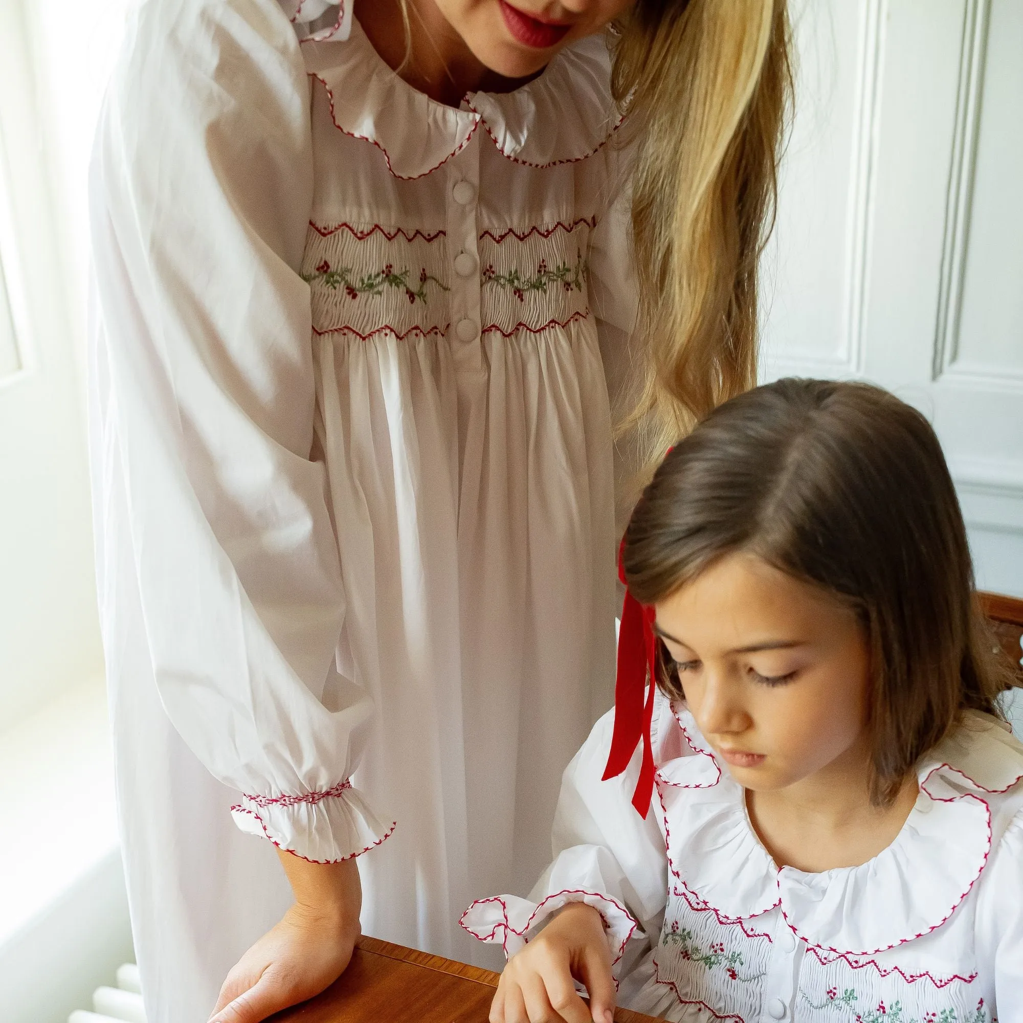 S/M Memo Press x Smock London Women's Nightingale Dress Moonstone with Garland Hand Smocking sold by Smock London