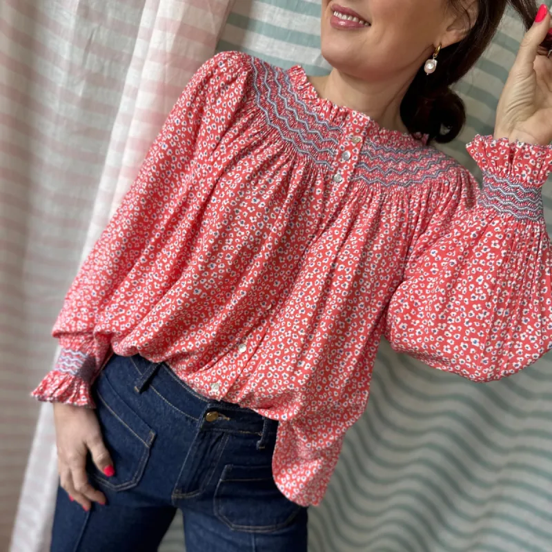 Cleopatra Blouse Pansy Print with Periwinkle Hand Smocking Edition 20 sold by Smock London