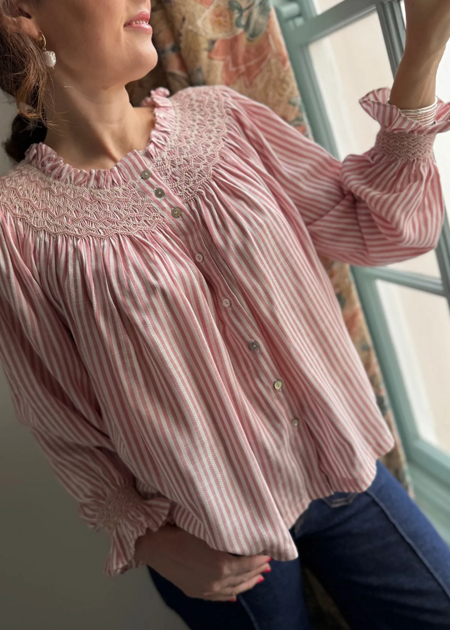 Cleopatra Blouse Cinnamon Stripes with Vanilla Spice Hand Smocking Edition 21 sold by Smock London product image thumbnail 4