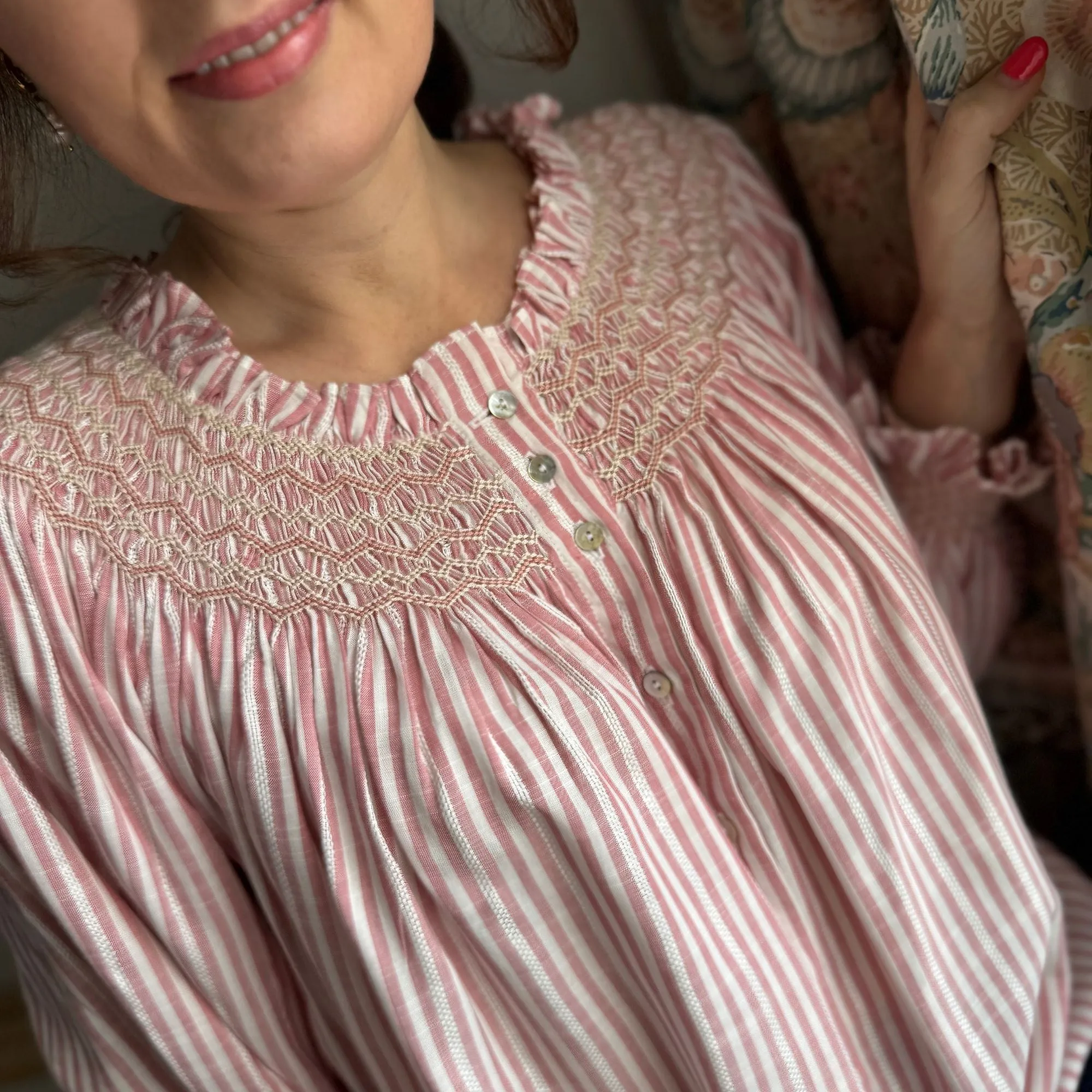 Cleopatra Blouse Cinnamon Stripes with Vanilla Spice Hand Smocking Edition 21 sold by Smock London