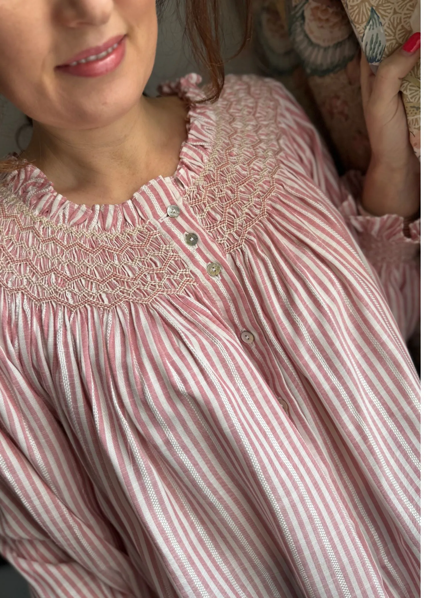 Cleopatra Blouse Cinnamon Stripes with Vanilla Spice Hand Smocking Edition 21 sold by Smock London product image thumbnail 5