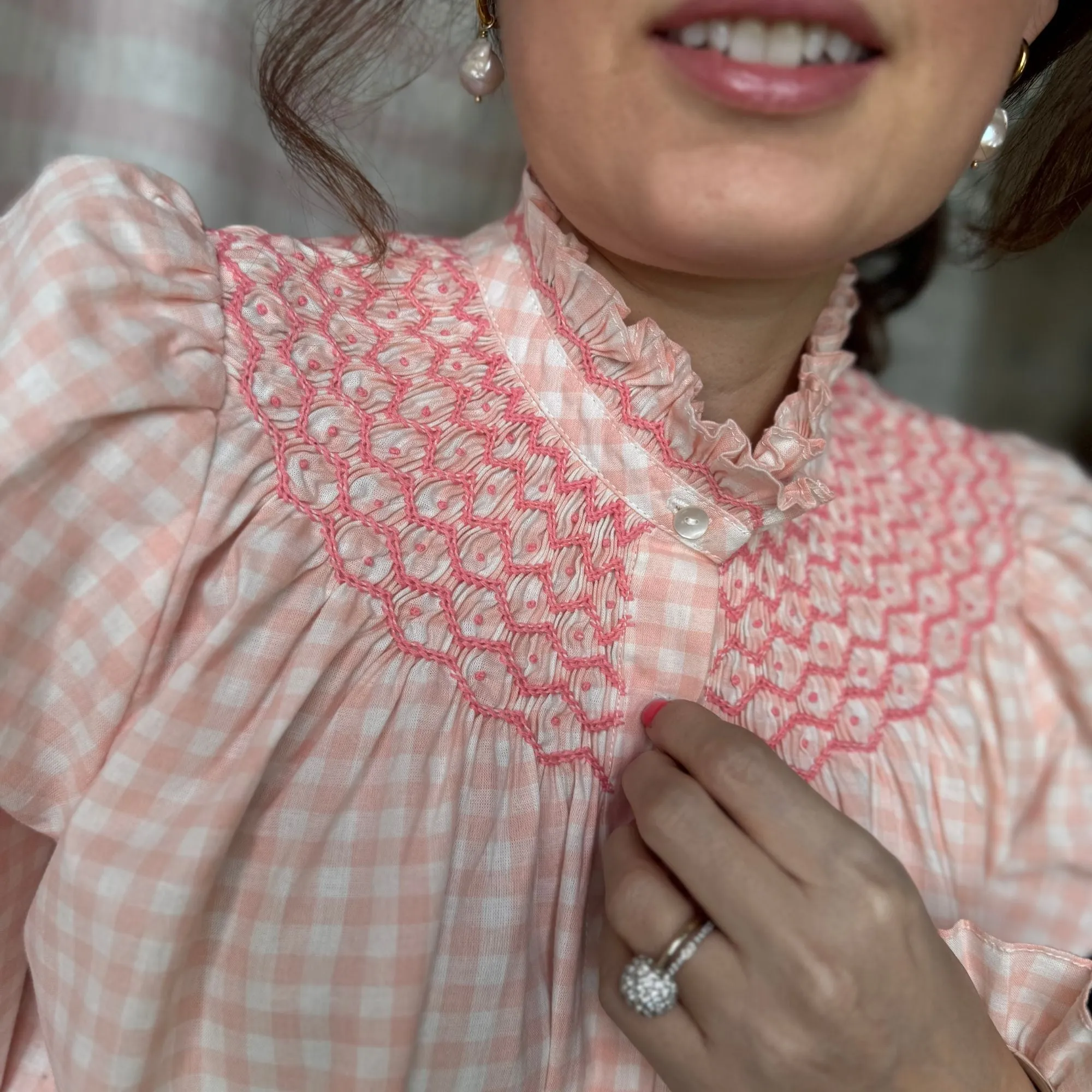 Med & Large Scholl Blouse Bellini Gingham with Calypso Hand Smocking Edition 40 sold by Smock London
