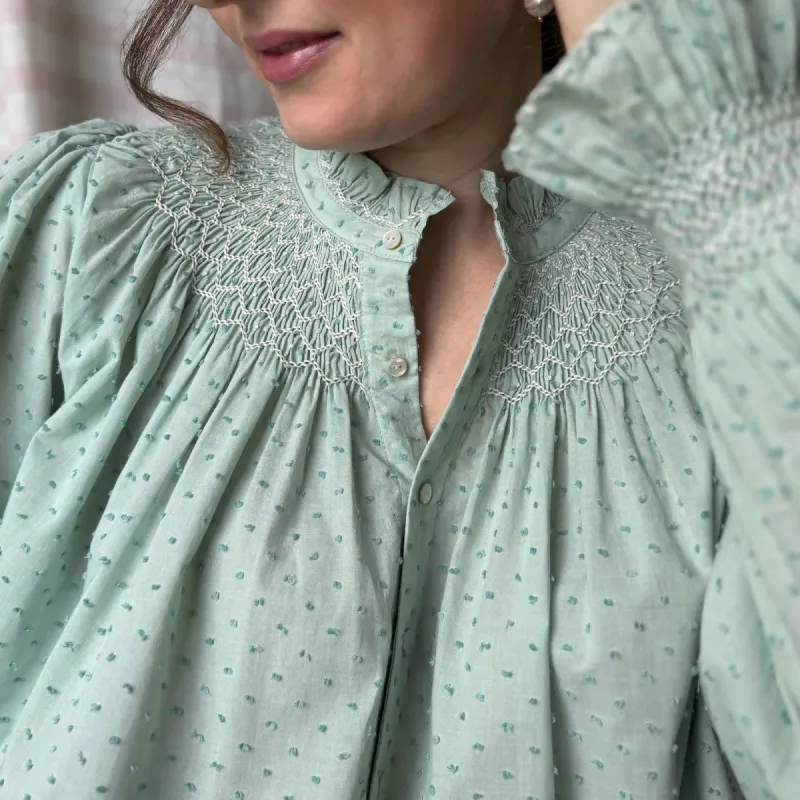 Scholl Blouse Aqua Plumetti with Mallow Hand Smocking Edition 37 sold by Smock London