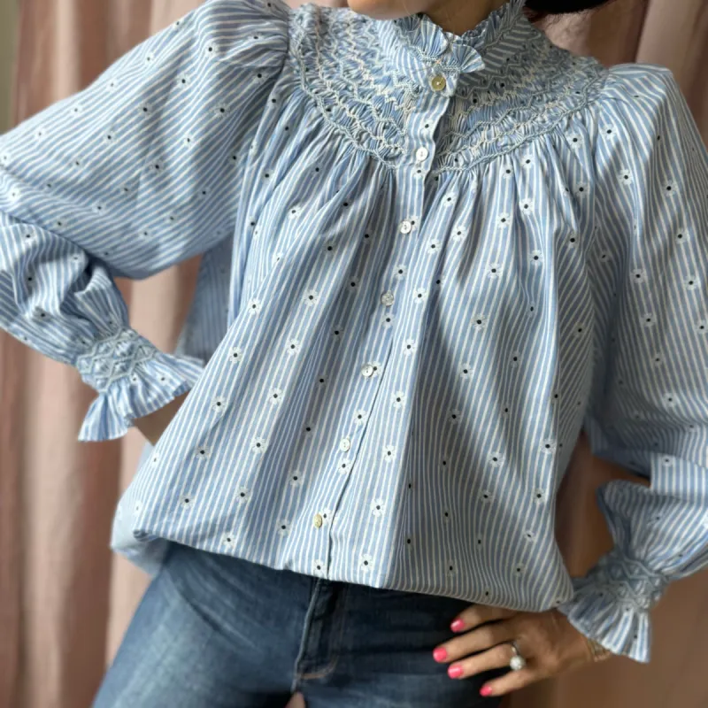 Scholl Blouse Embroidered Daisy Stripe With Denim Dreams Hand Smocking Edition 31 sold by Smock London
