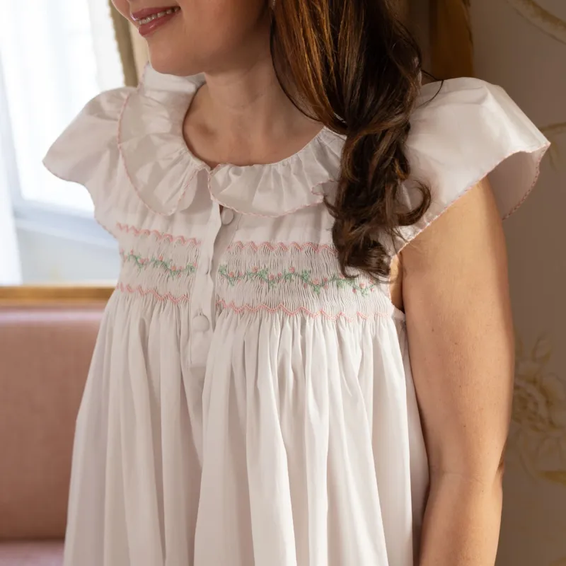 Memo Press x Smock London Women's Nightingale Dress Moonstone with Rose Garland Hand Smocking sold by Smock London