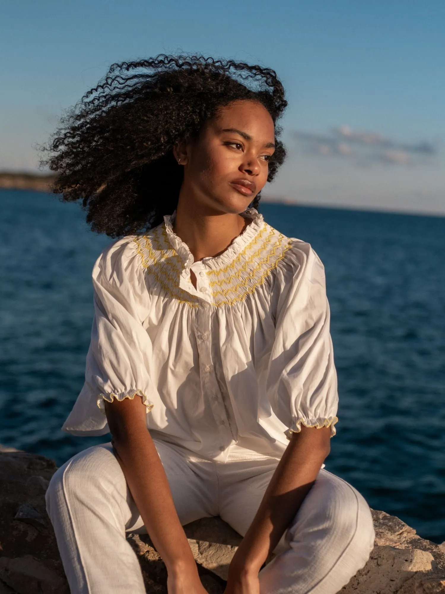 Small Cleopatra Blouse White with Sunshine Hand Smocking sold by Smock London product image thumbnail 3