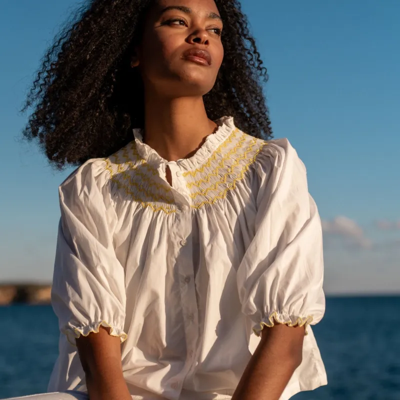 Small Cleopatra Blouse White with Sunshine Hand Smocking sold by Smock London