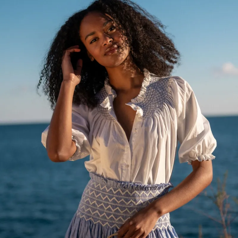 Large Cleopatra Blouse White with Cornflower Hand Smocking sold by Smock London
