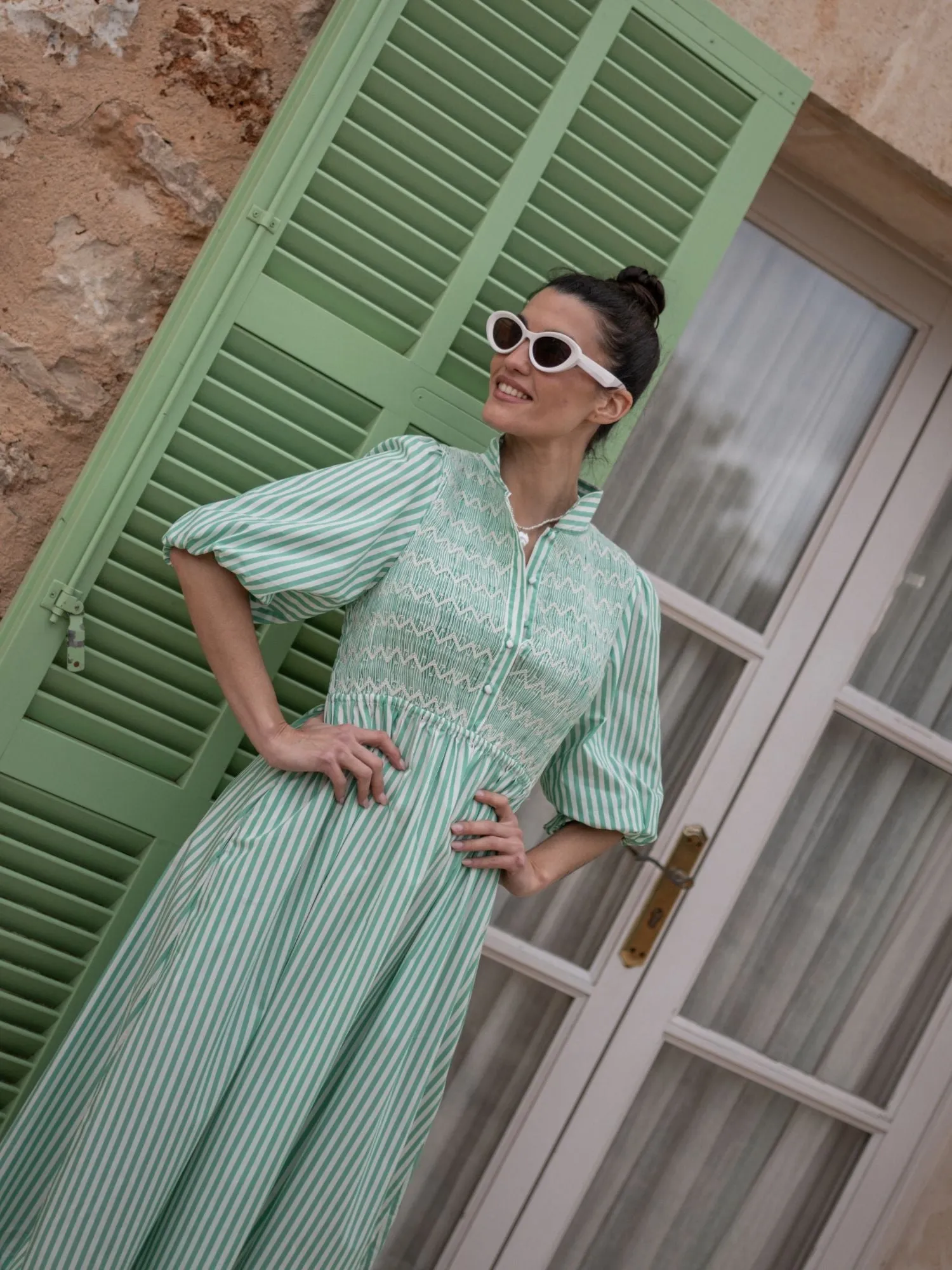 S/M Victoria Woodhull Dress Green Goddess Stripe with Chantilly Hand Smocking sold by Smock London product image thumbnail 4