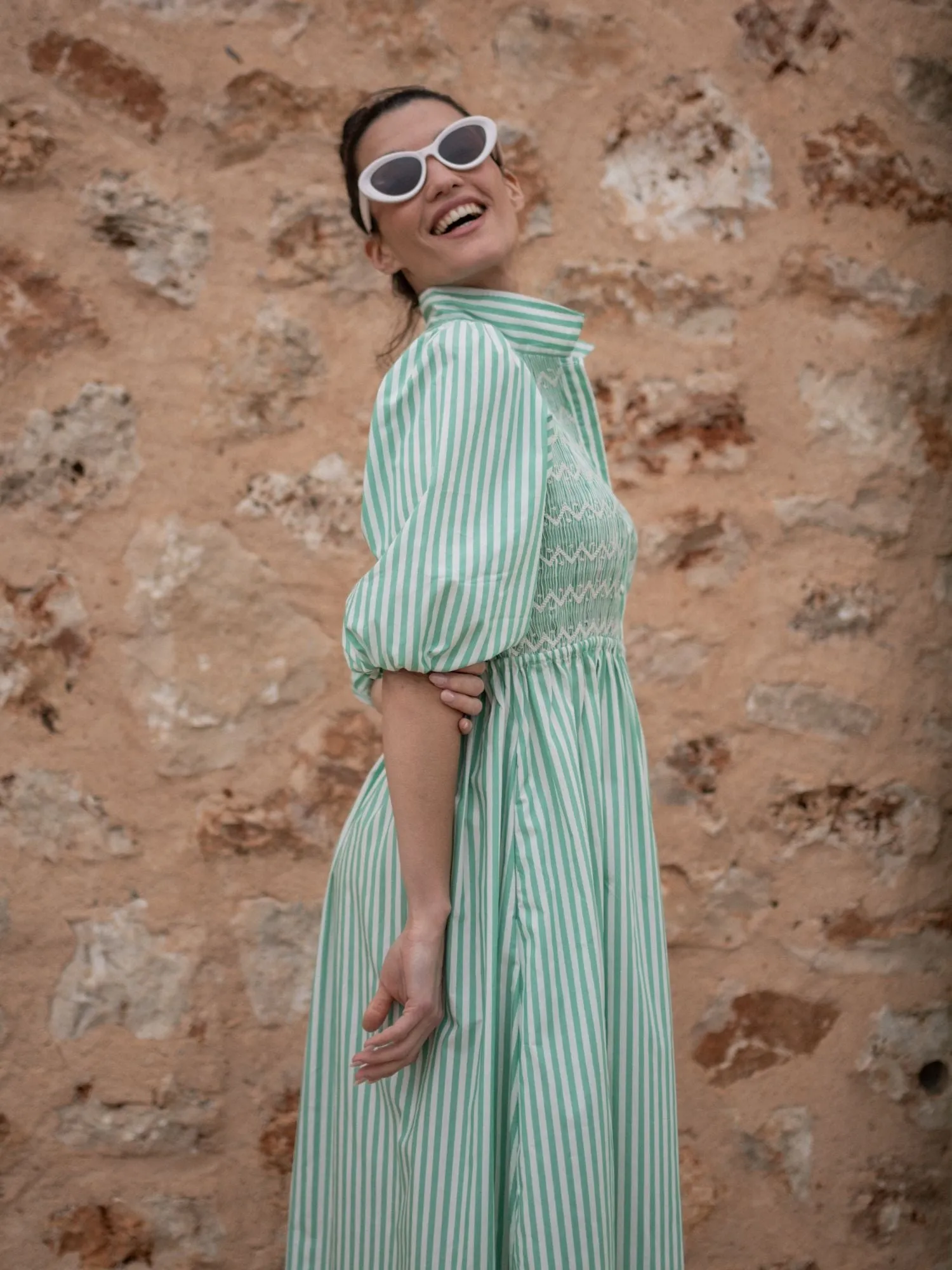 S/M Victoria Woodhull Dress Green Goddess Stripe with Chantilly Hand Smocking sold by Smock London product image thumbnail 3