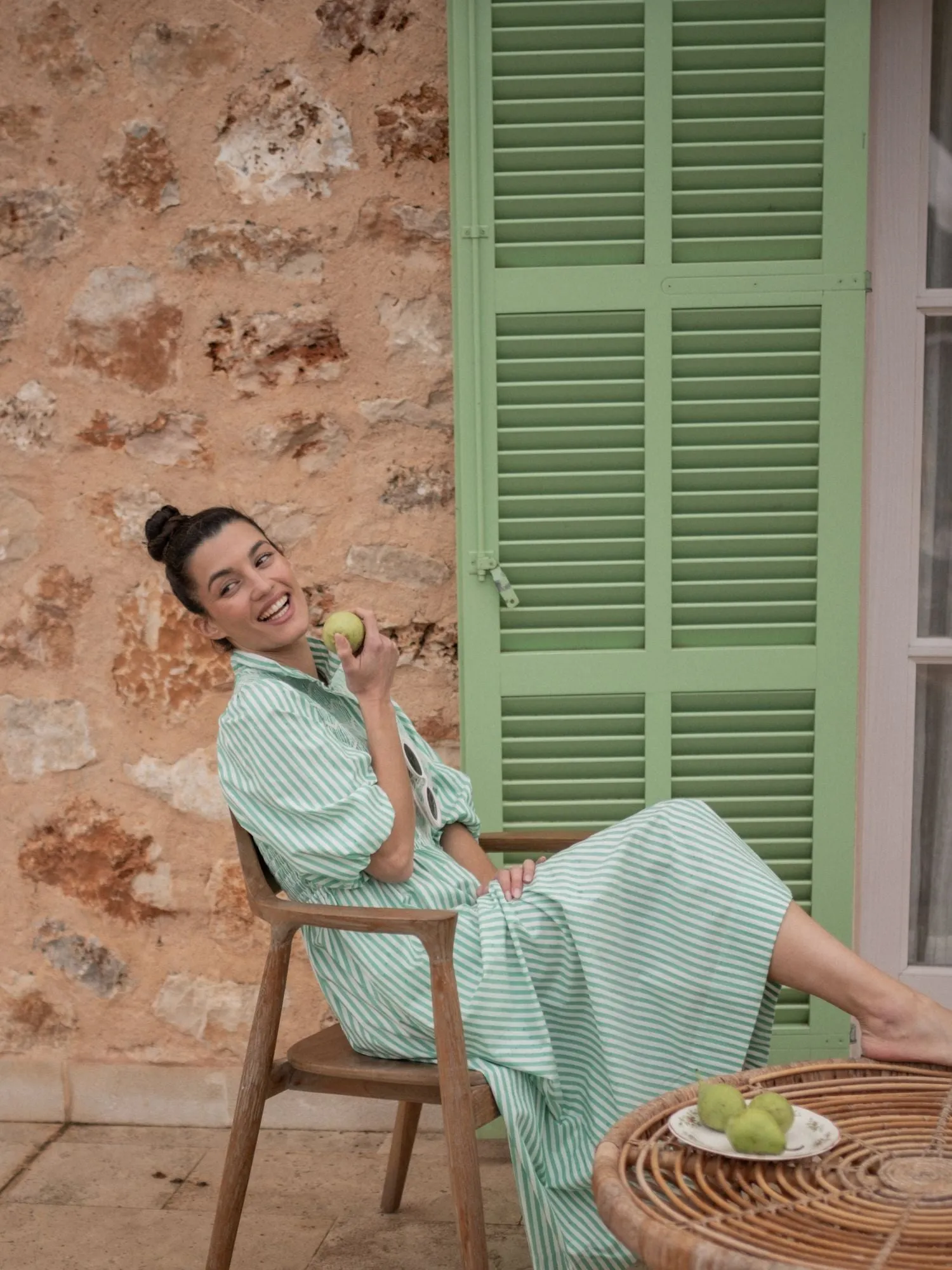 S/M Victoria Woodhull Dress Green Goddess Stripe with Chantilly Hand Smocking sold by Smock London product image thumbnail 5