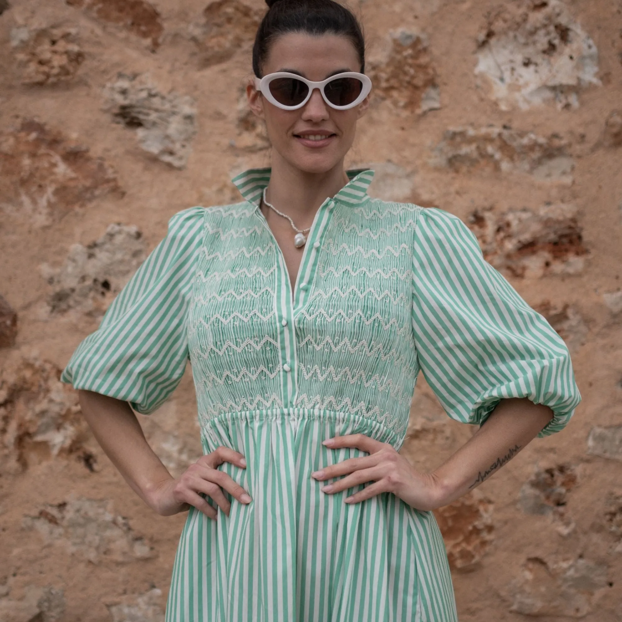 S/M Victoria Woodhull Dress Green Goddess Stripe with Chantilly Hand Smocking sold by Smock London