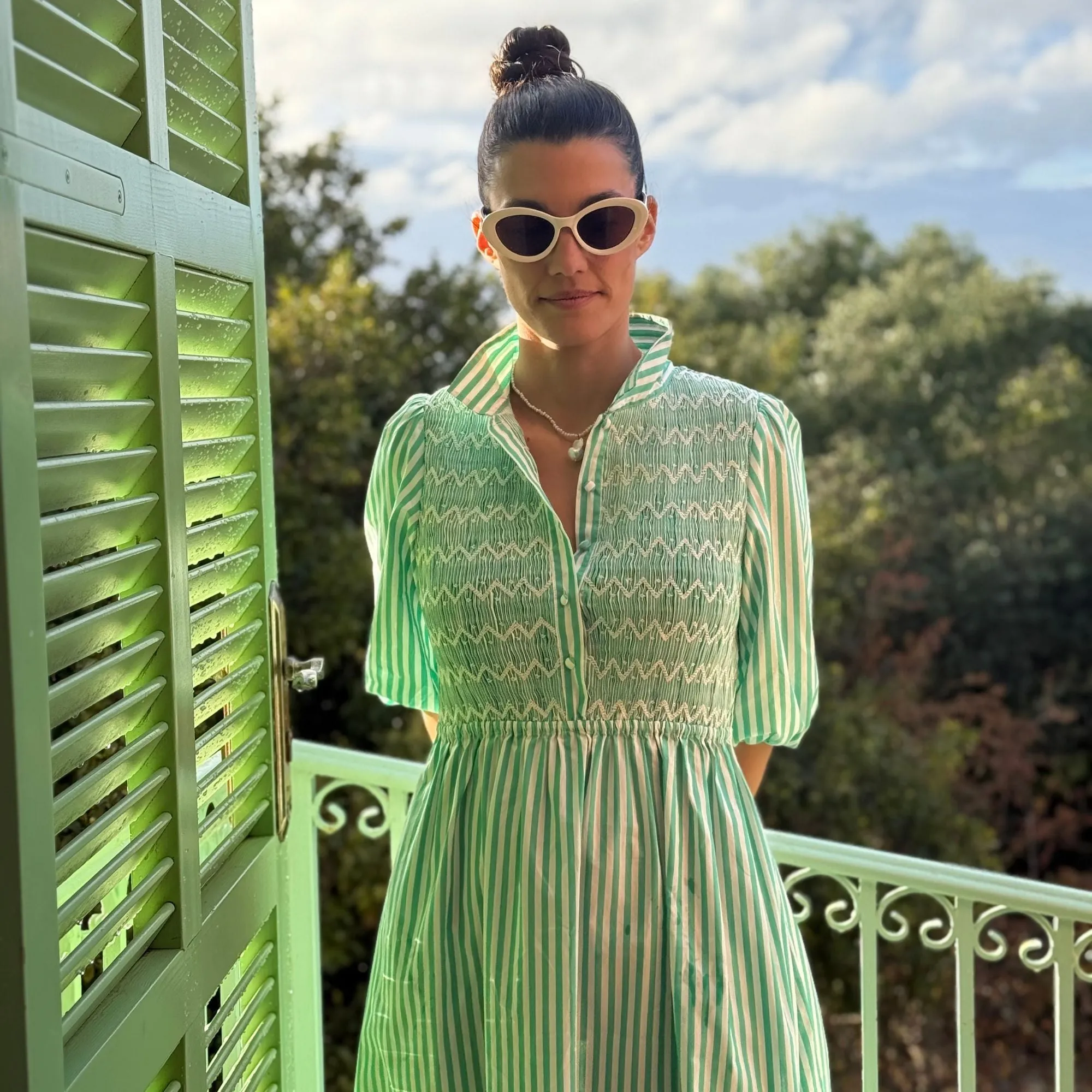 S/M Victoria Woodhull Dress Green Goddess Stripe with Chantilly Hand Smocking sold by Smock London product image thumbnail 2