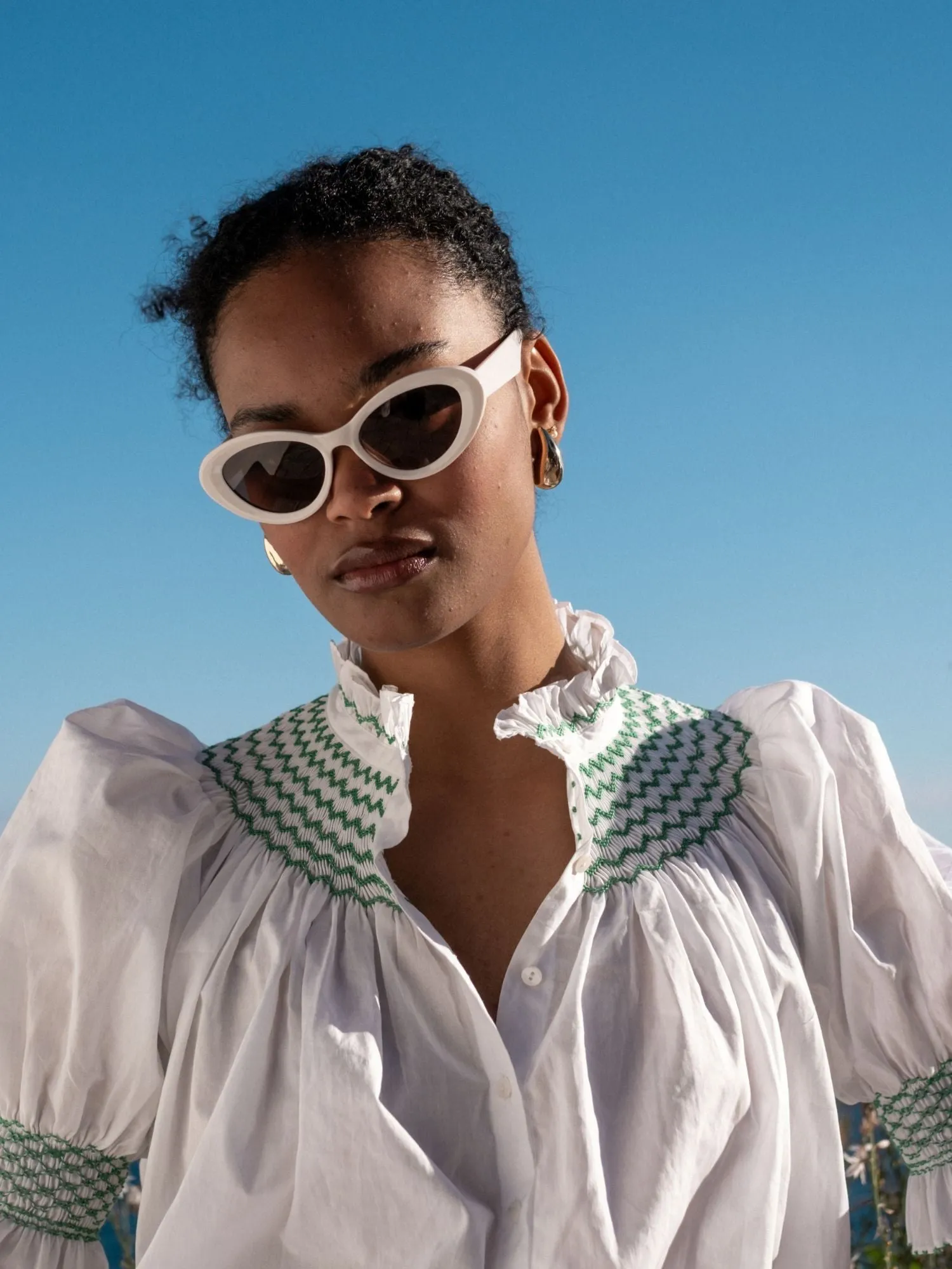 Scholl Women's Summer Blouse White with Green Apple Hand Smocking sold by Smock London product image thumbnail 5