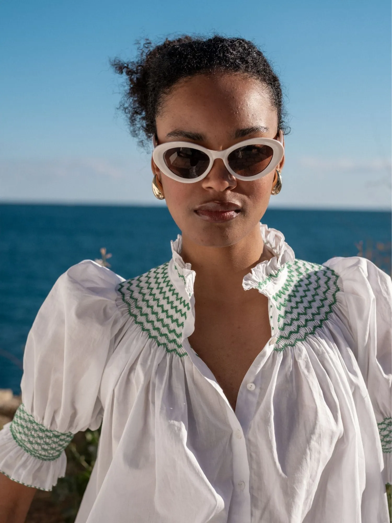 Scholl Women's Summer Blouse White with Green Apple Hand Smocking sold by Smock London product image thumbnail 3