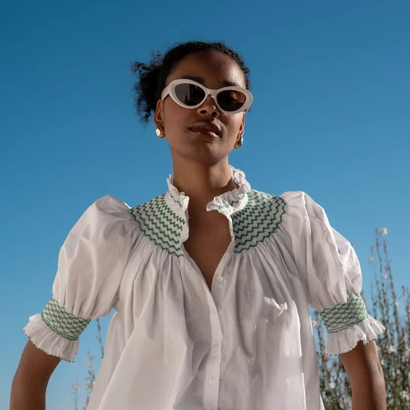 Scholl Women's Summer Blouse White with Green Apple Hand Smocking sold by Smock London