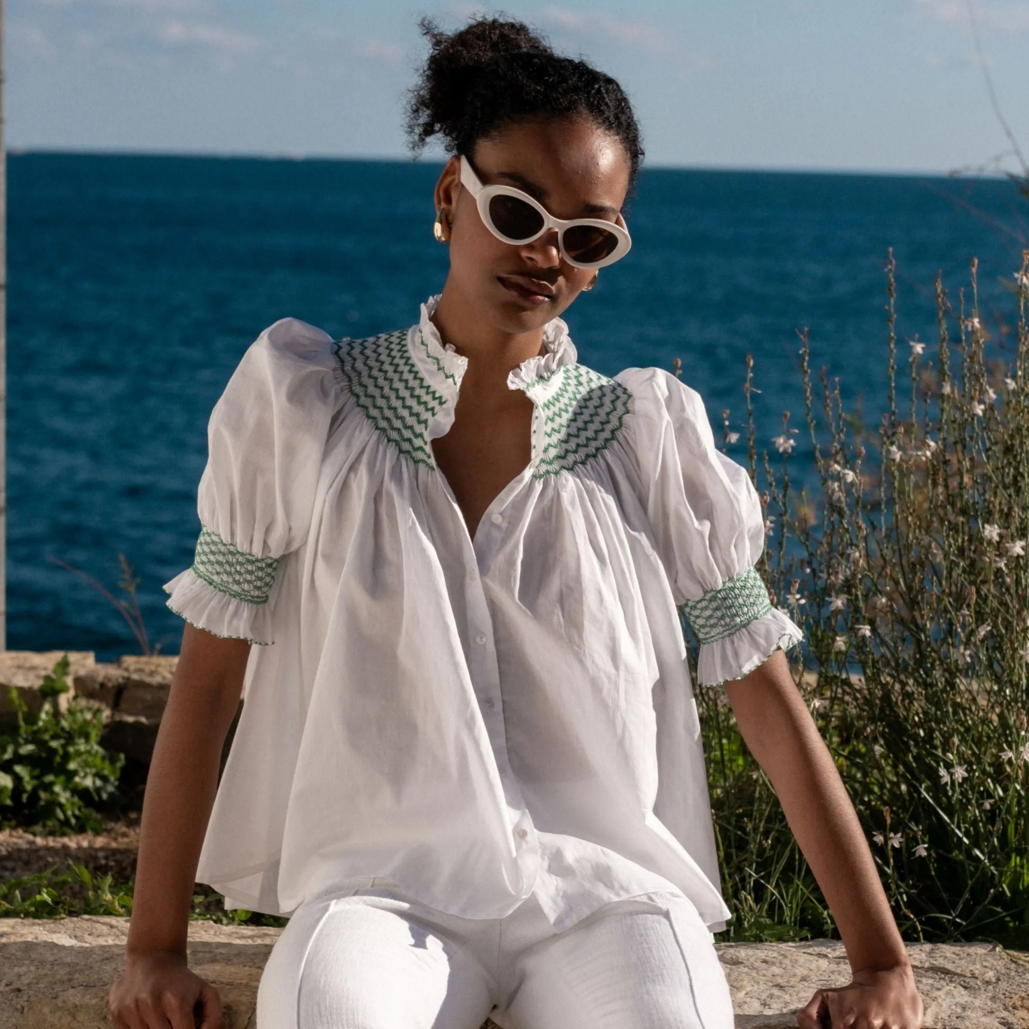 Scholl Women's Summer Blouse White with Green Apple Hand Smocking sold by Smock London product image thumbnail 2