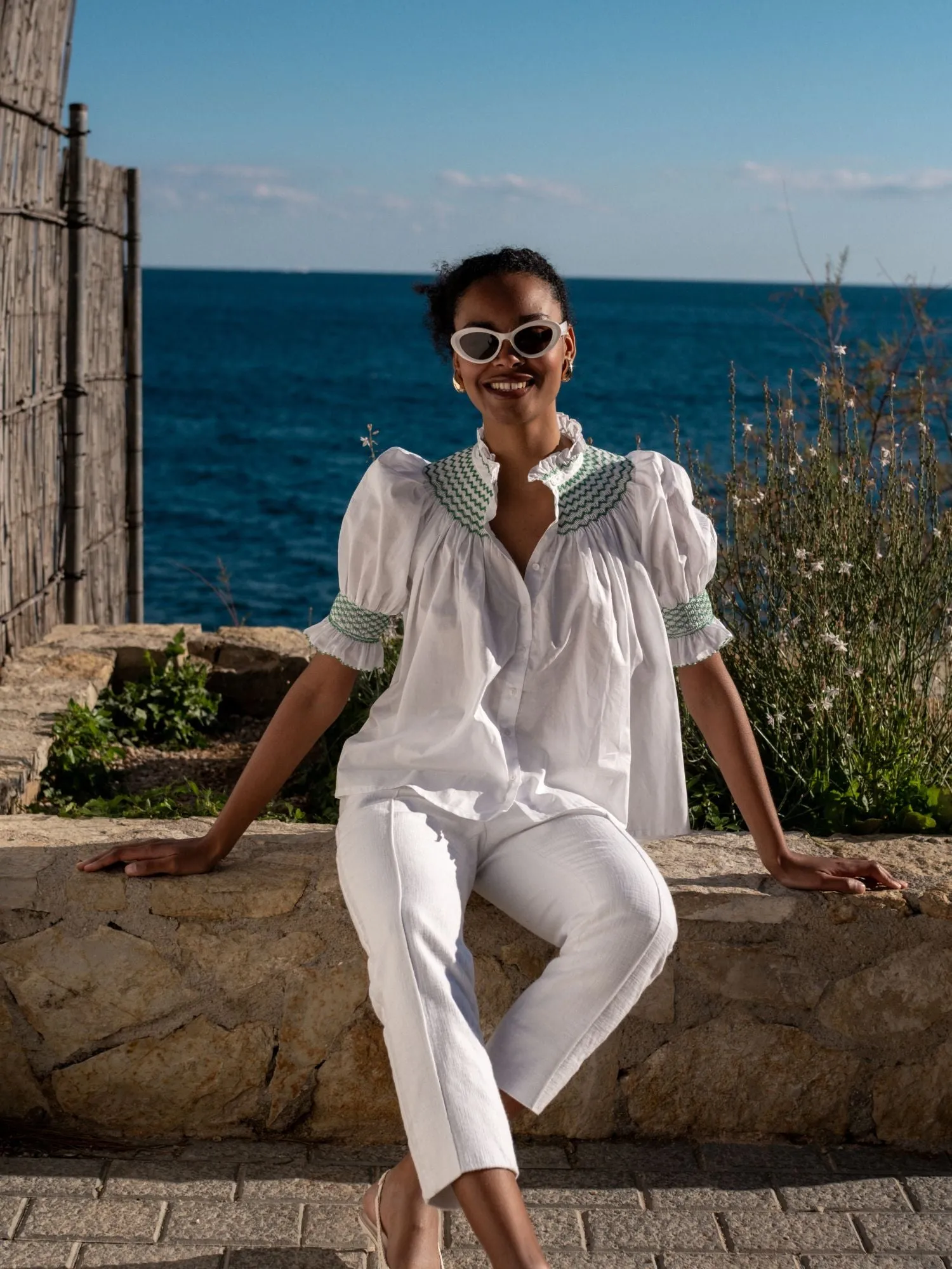 Scholl Women's Summer Blouse White with Green Apple Hand Smocking sold by Smock London product image thumbnail 4