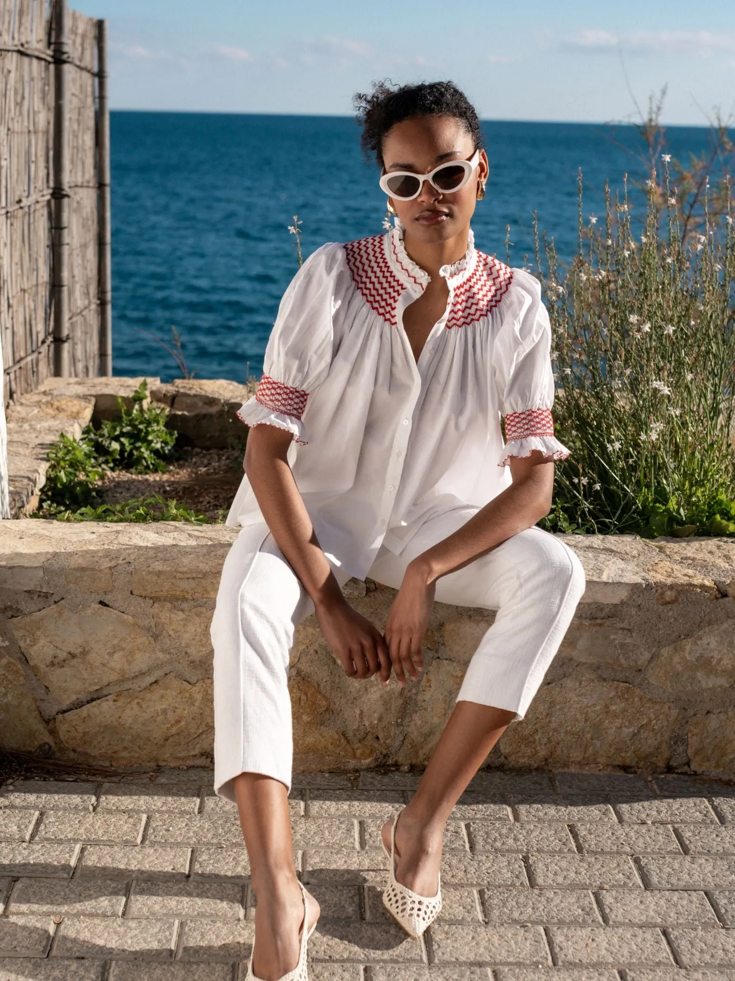 Scholl Women's Summer Blouse White with Pillar Box Red Hand Smocking sold by Smock London product image thumbnail 3