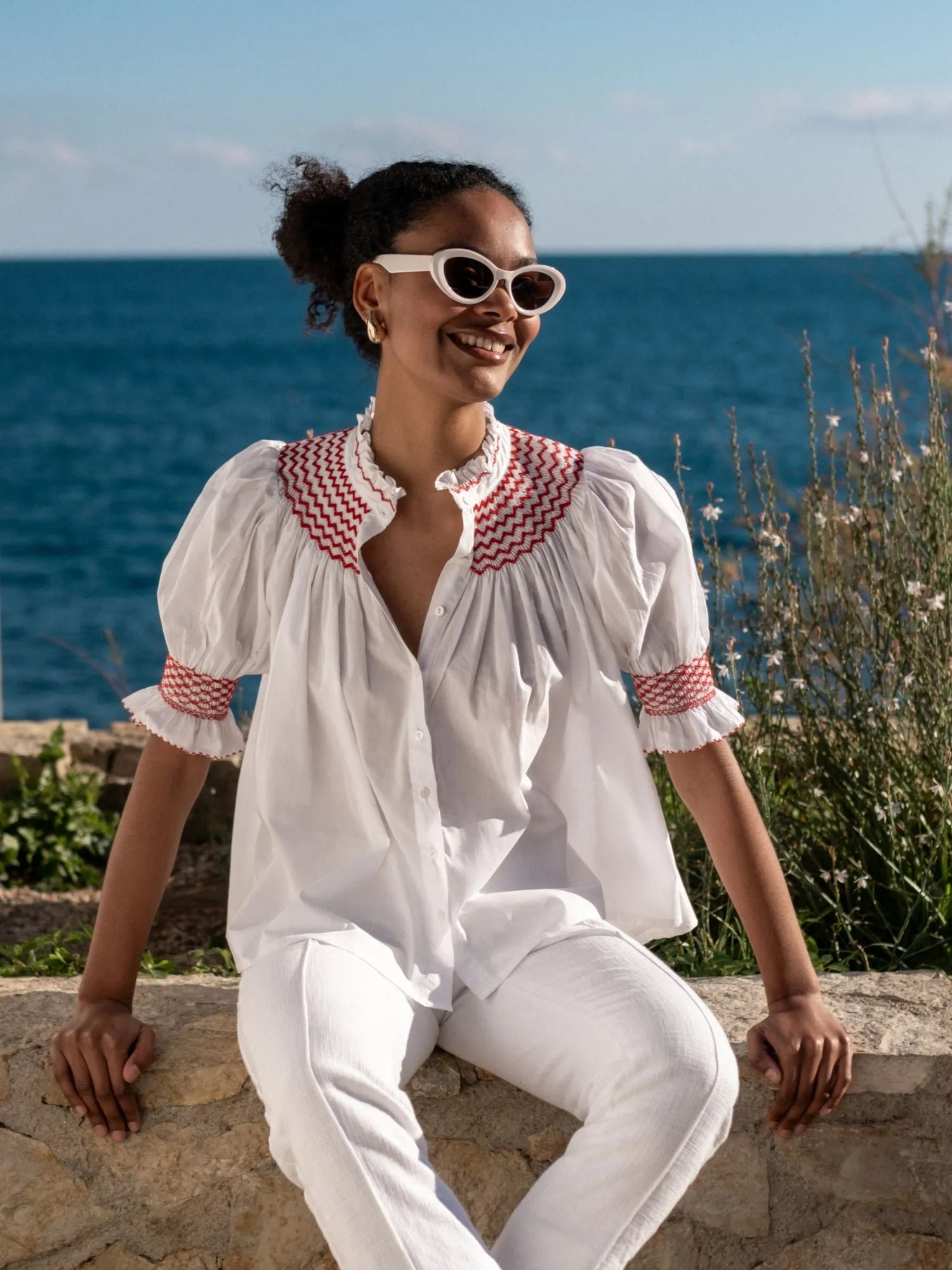 Scholl Women's Summer Blouse White with Pillar Box Red Hand Smocking sold by Smock London product image thumbnail 4