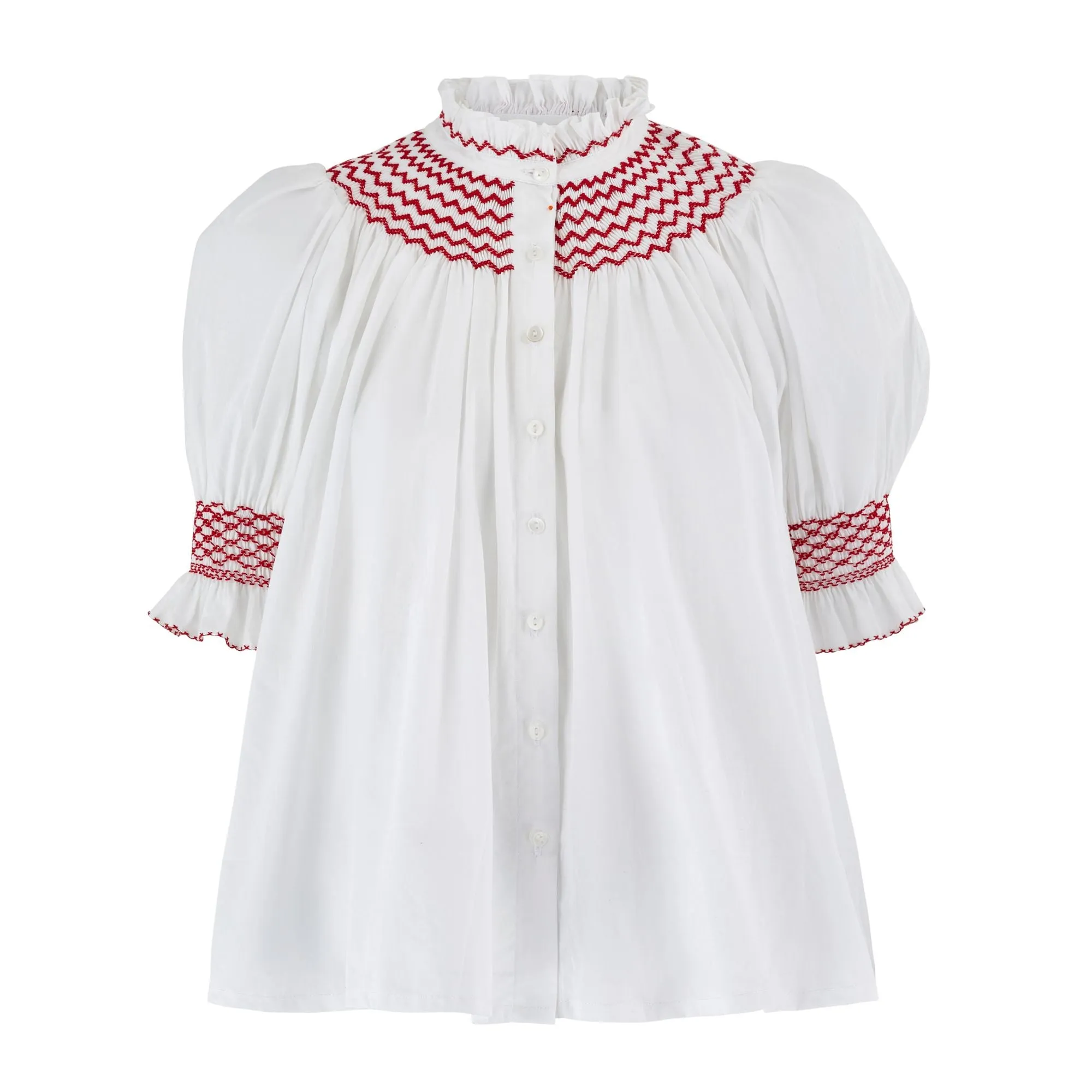 Scholl Women's Summer Blouse White with Pillar Box Red Hand Smocking sold by Smock London product image thumbnail 2