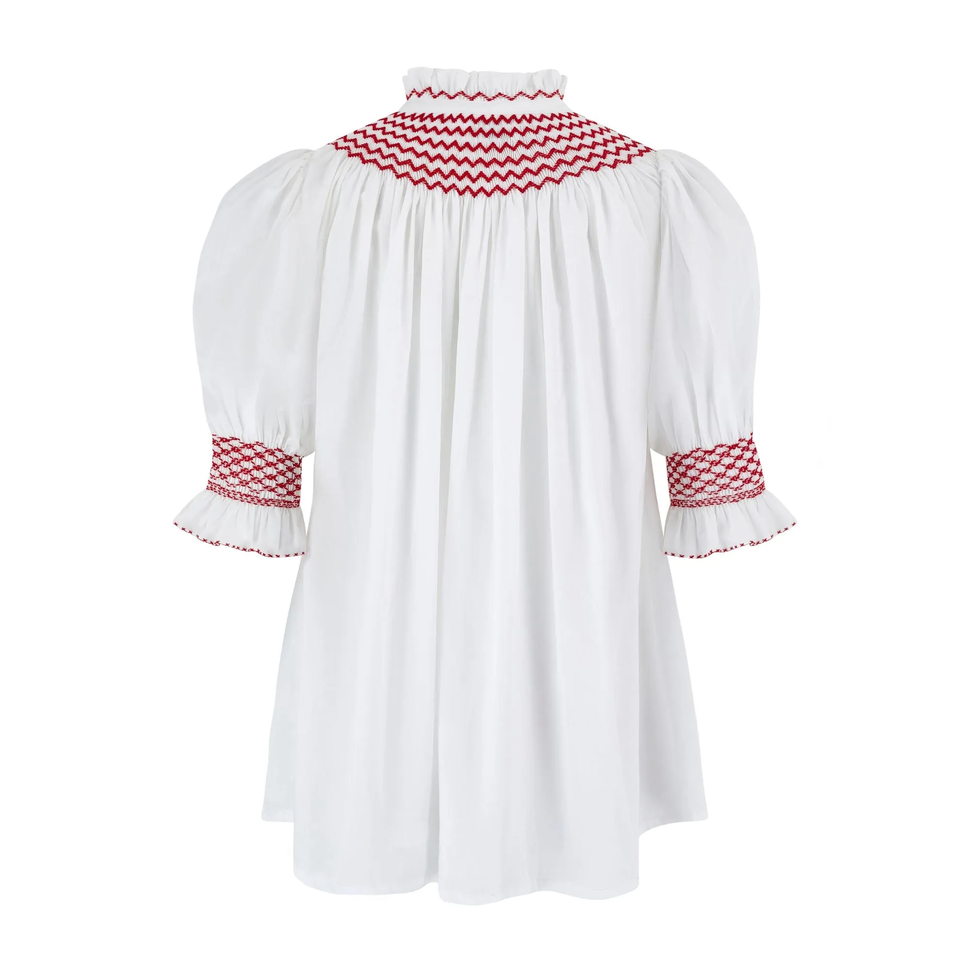 Scholl Women's Summer Blouse White with Pillar Box Red Hand Smocking sold by Smock London product image thumbnail 5
