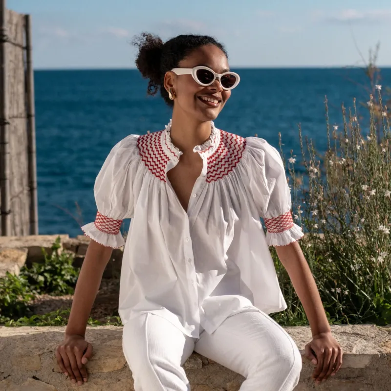 Scholl Women's Summer Blouse White with Pillar Box Red Hand Smocking sold by Smock London