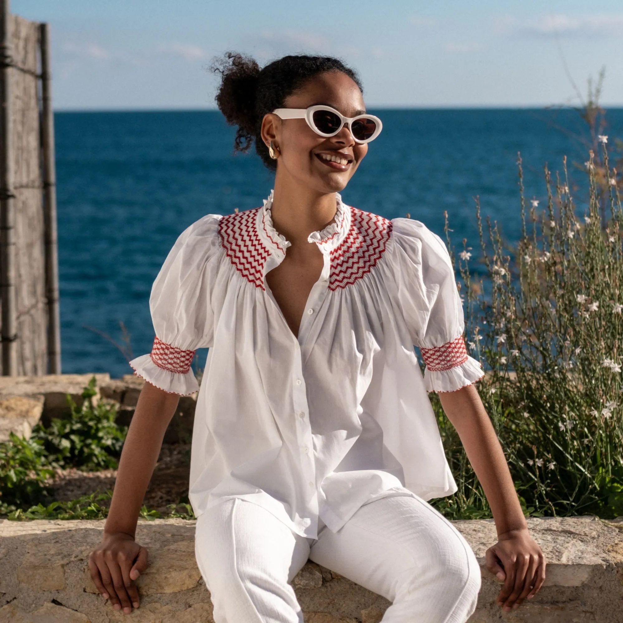 Scholl Women's Summer Blouse White with Pillar Box Red Hand Smocking sold by Smock London