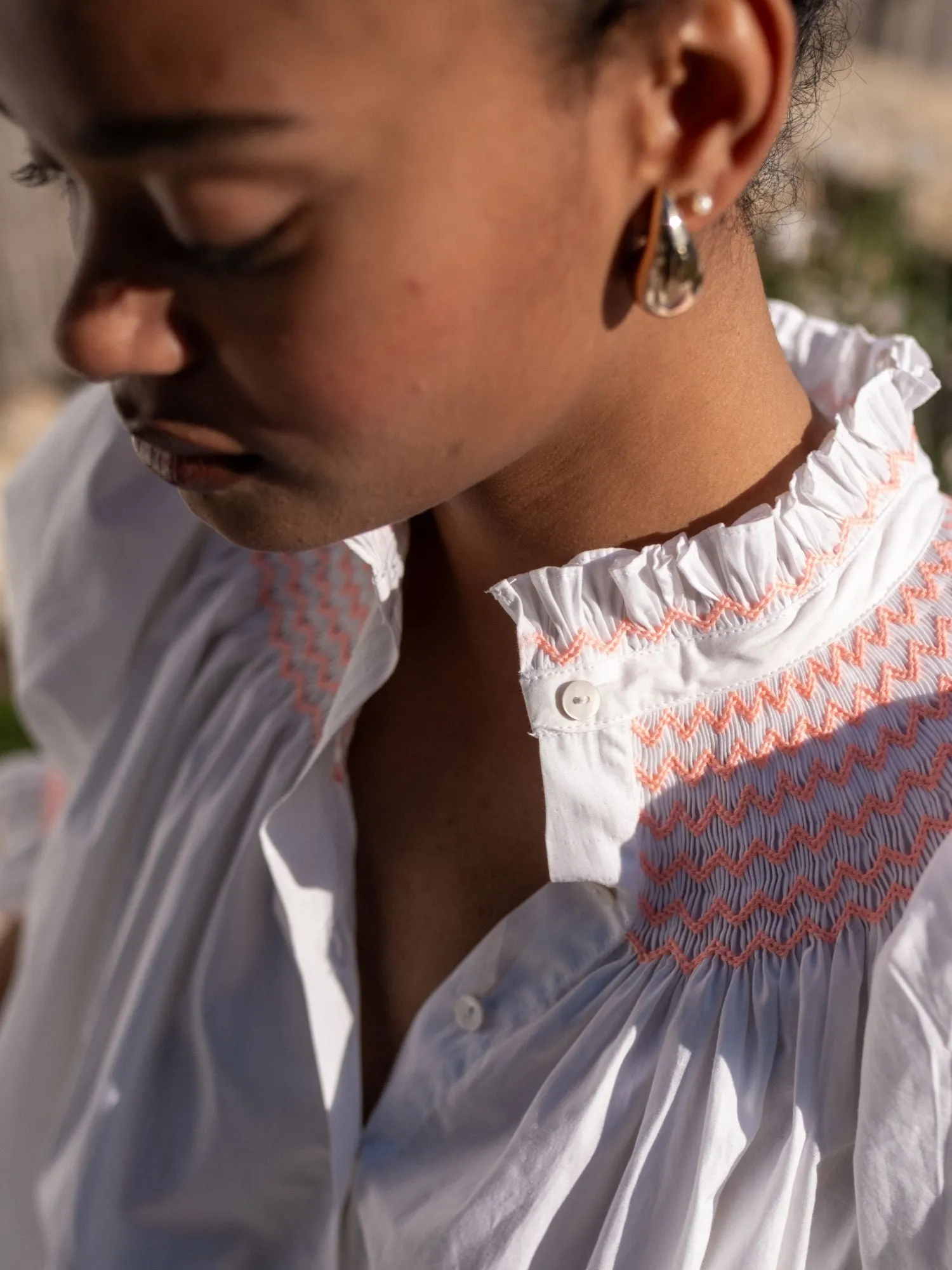 Scholl Women's Summer Blouse White with Coral Hand Smocking sold by Smock London product image thumbnail 5